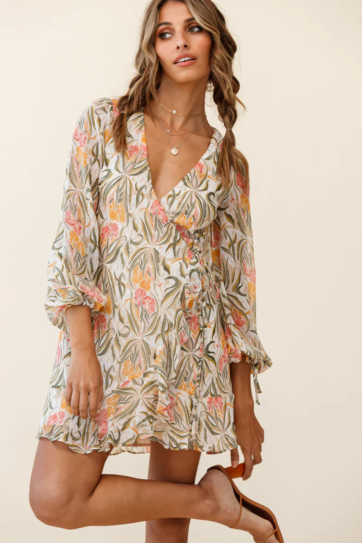 Hartley Balloon Sleeve Wrap Dress Floral Print Green - Image 6