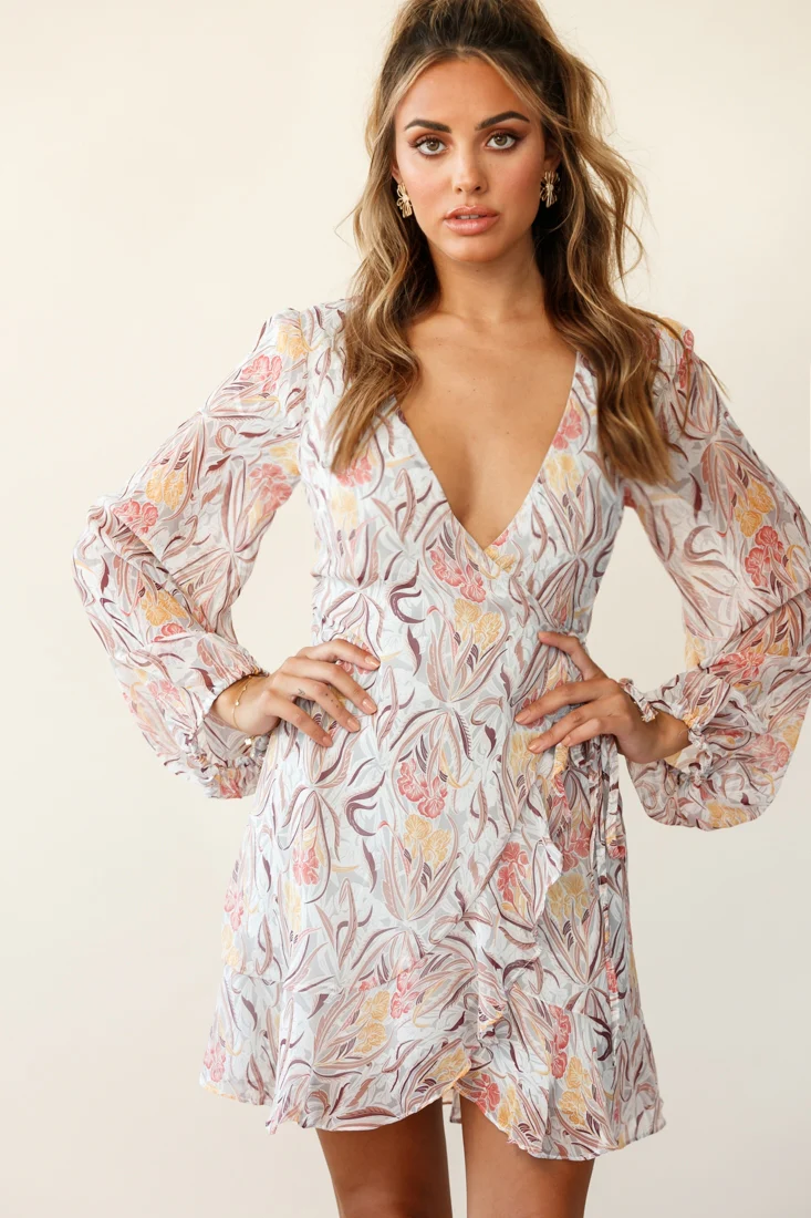 Hartley Balloon Sleeve Wrap Dress Floral Print Grey - Image 5