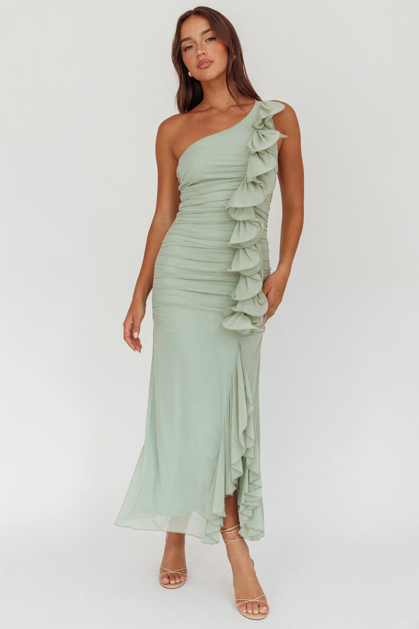 Haven One-Shoulder Ruffle Accent Maxi Dress Sage - Image 6