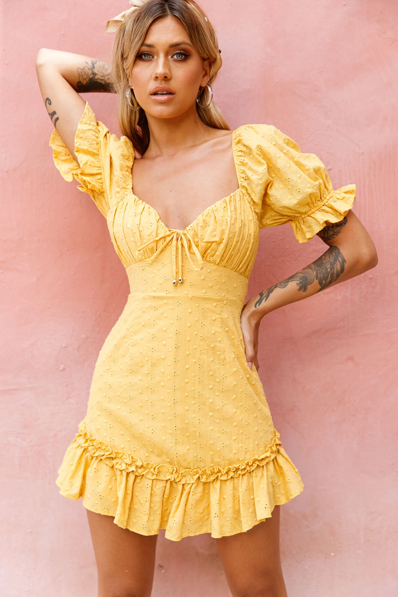 Hayden Puff Sleeve Eyelet Embroidery Dress Yellow - Image 6