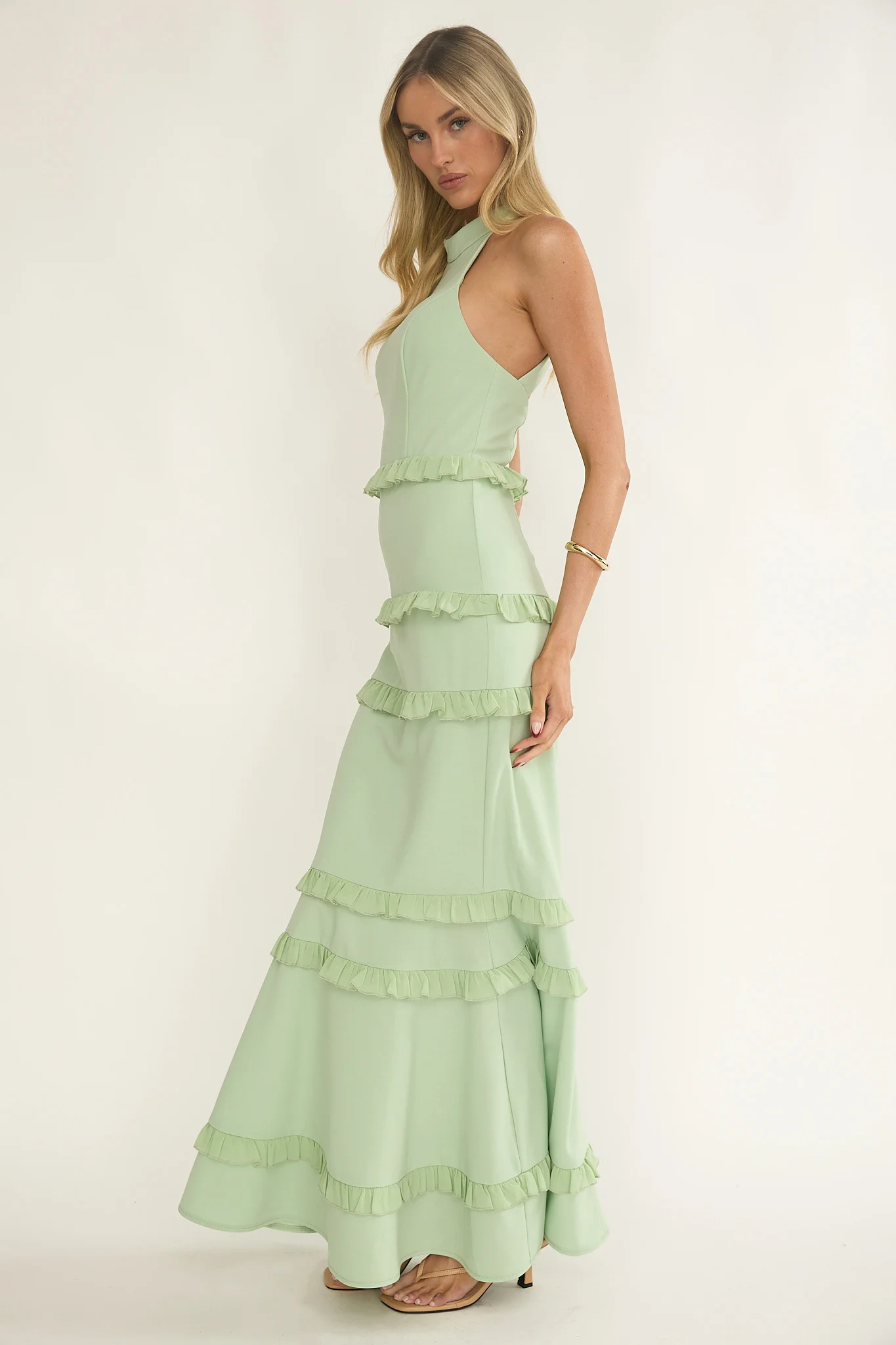 Haze Frill Trim Halterneck Maxi Dress Sage - Image 6