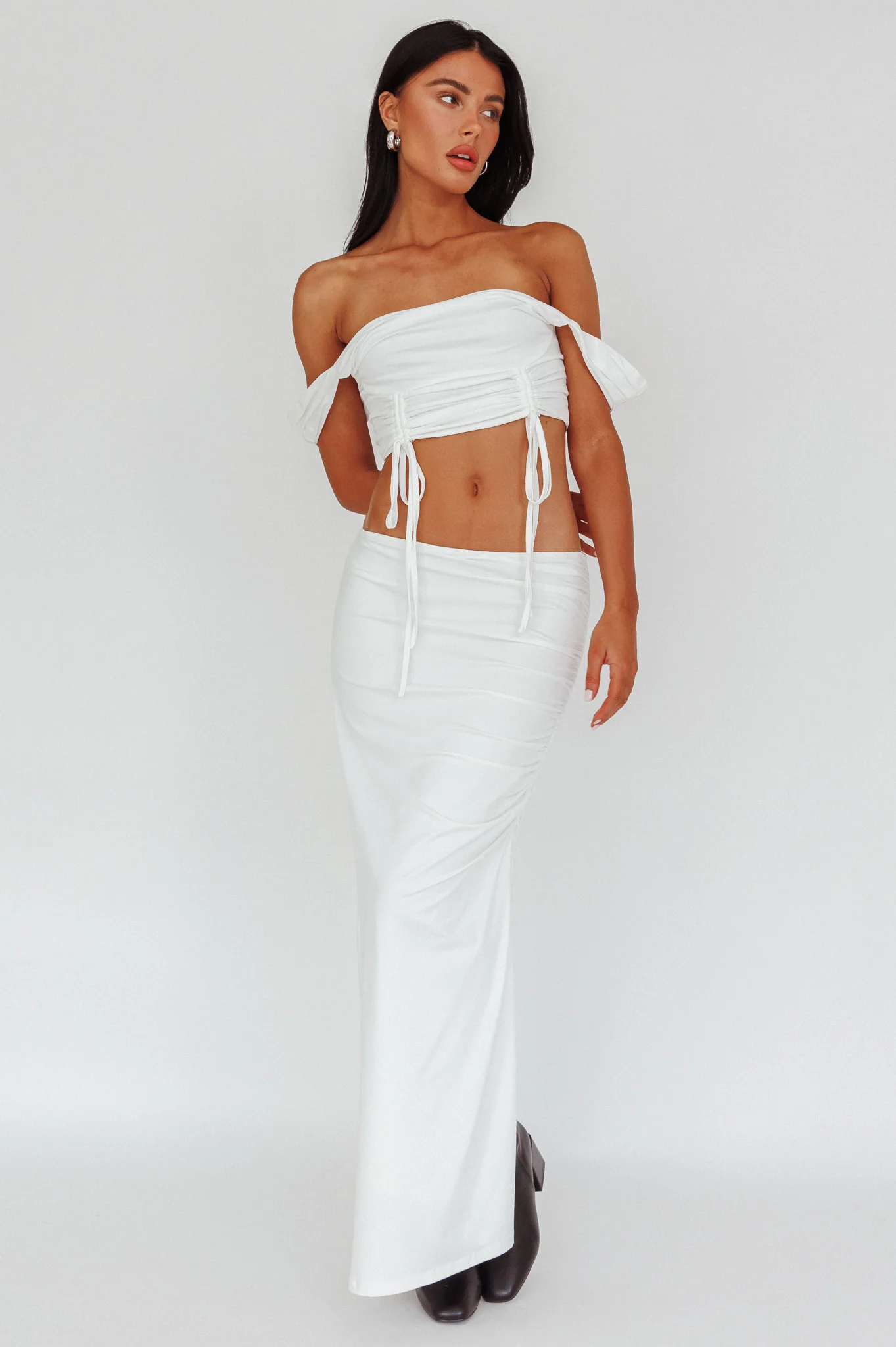 Headliner Ruched Side Maxi Skirt White - Image 4