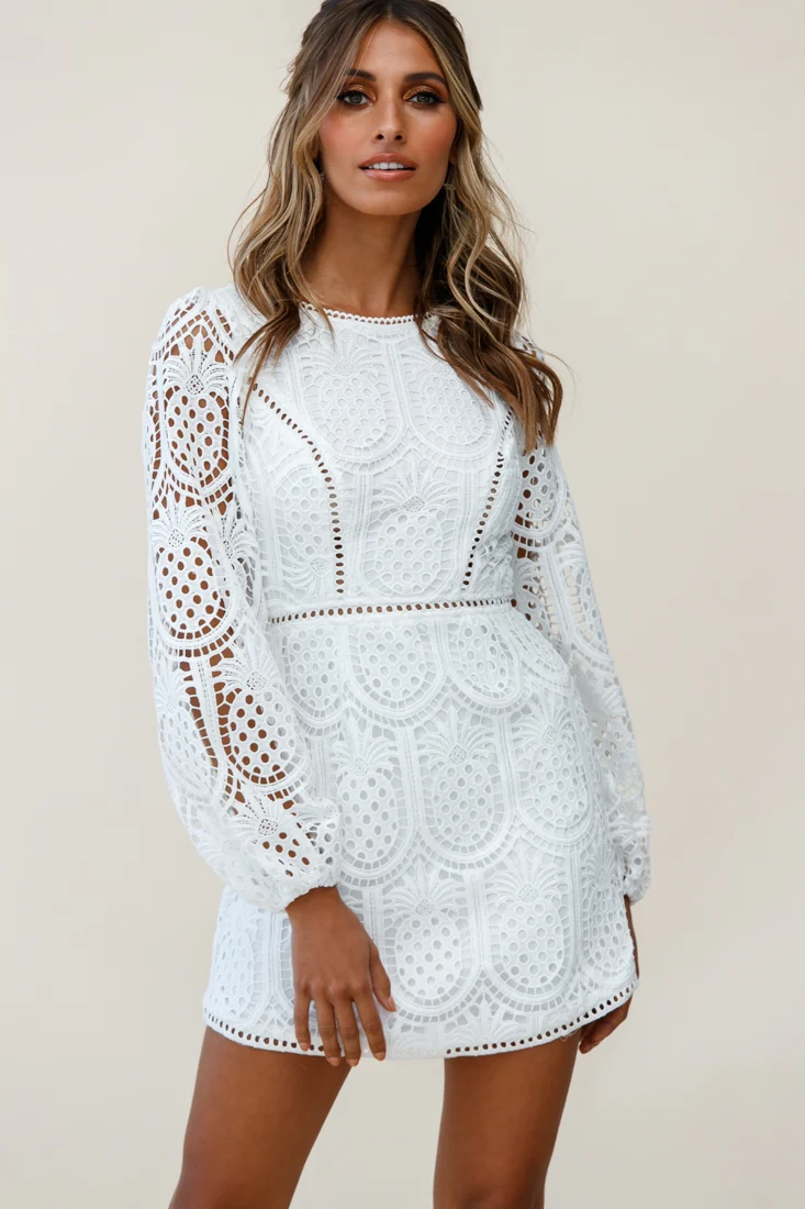 Heart Crochet Overlay Balloon Sleeve Dress White - Image 2
