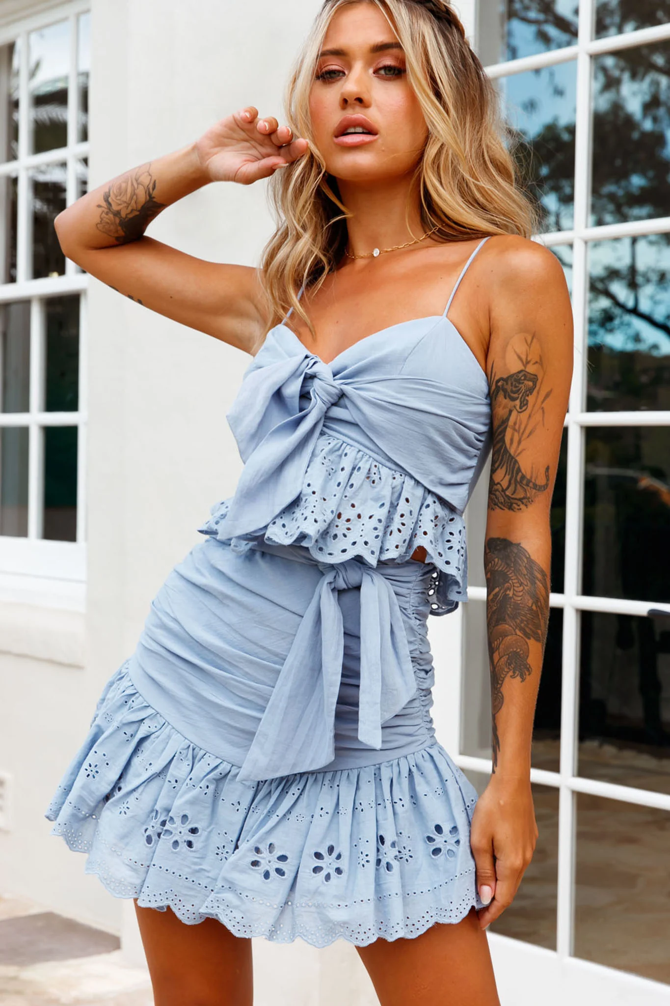 Heartland Waist Tie Eyelet Embroidery Hem Skirt Denim Blue - Image 3