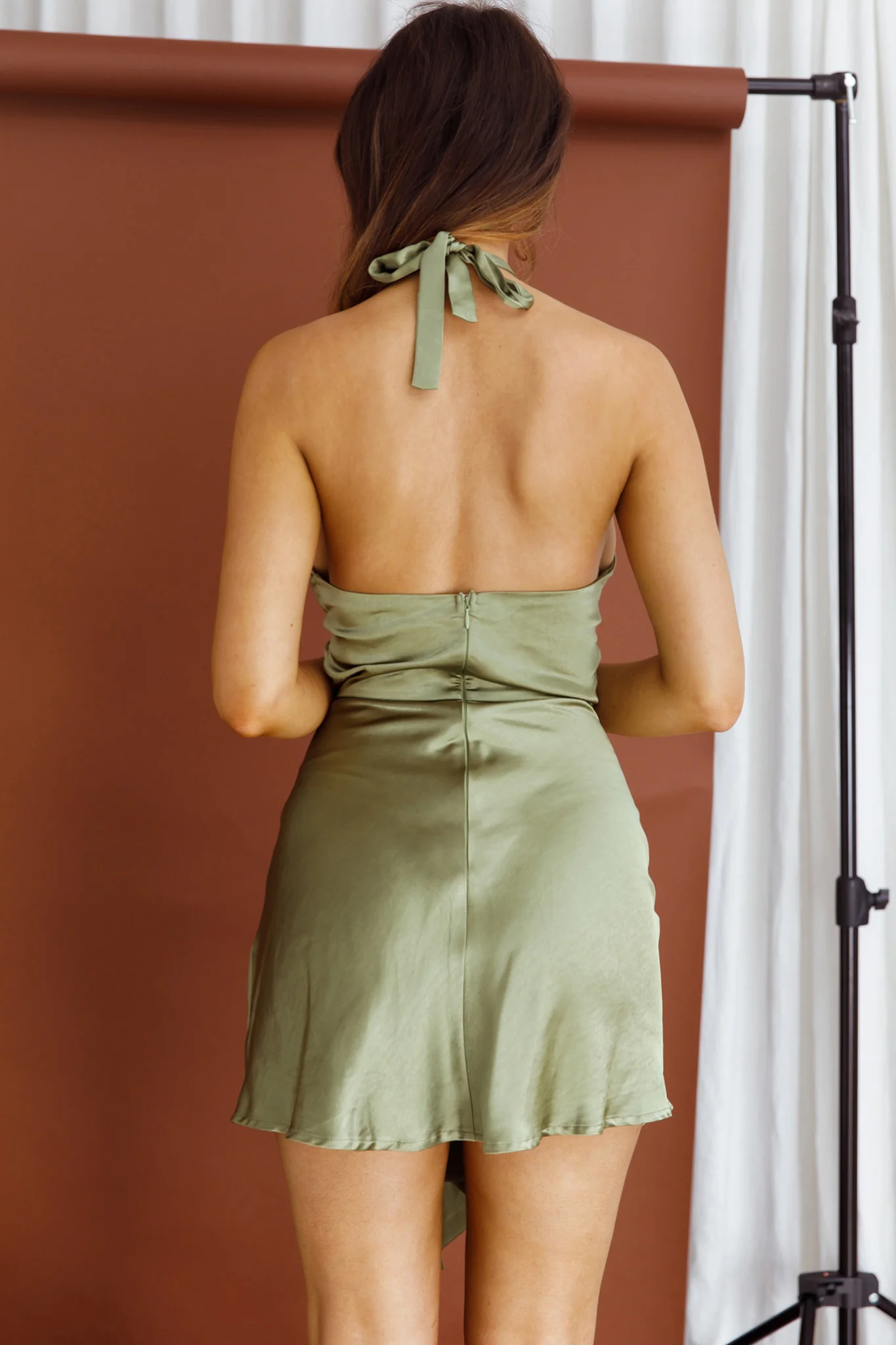Hearts On Fire Halterneck Wrap Front Mini Dress Olive - Image 2