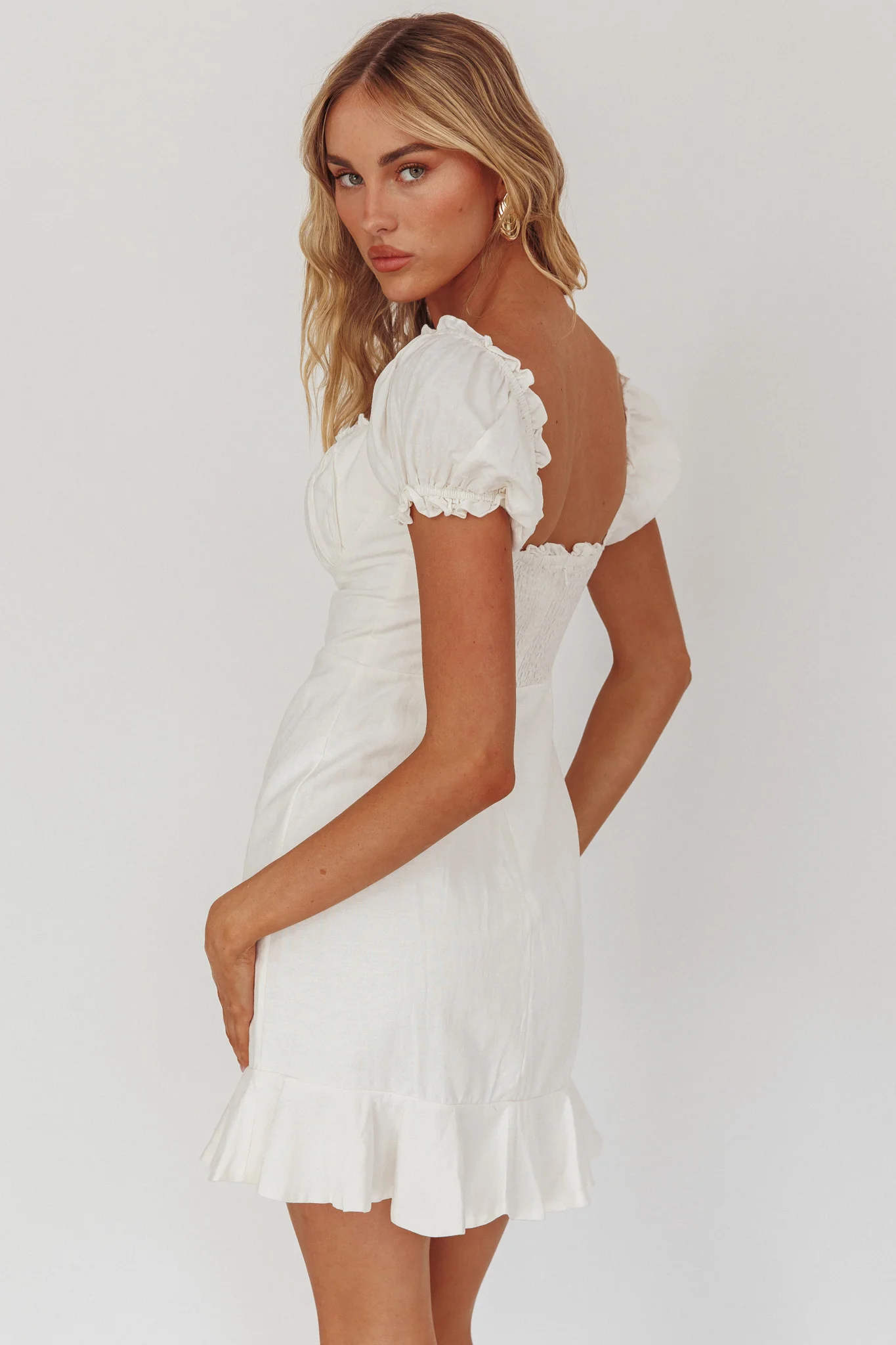 Heaven Sent Ruched Bust Puff Sleeve Dress White - Image 3