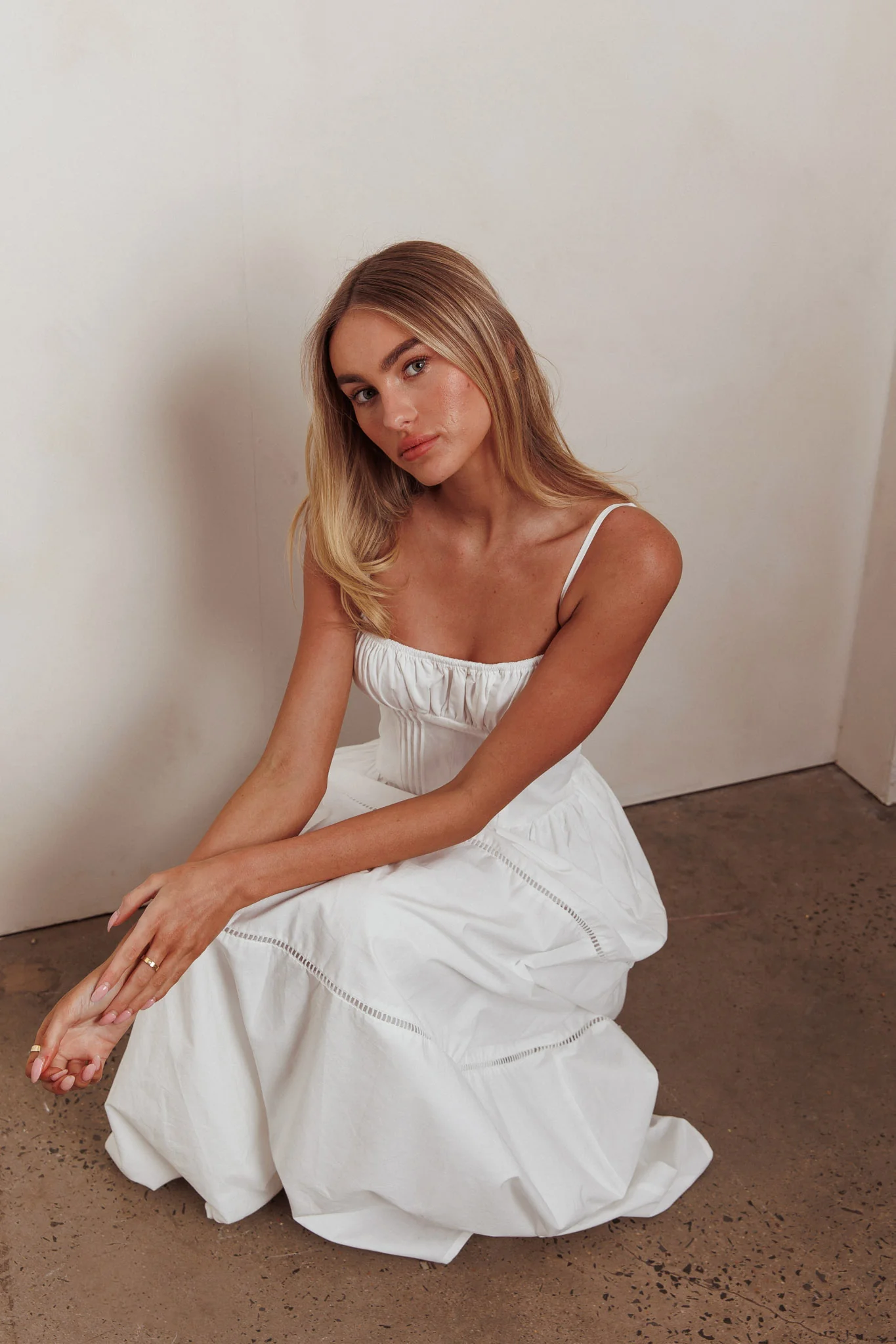 Heavenly Glow Gathered Bust A-Line Maxi Dress Off White - Image 7