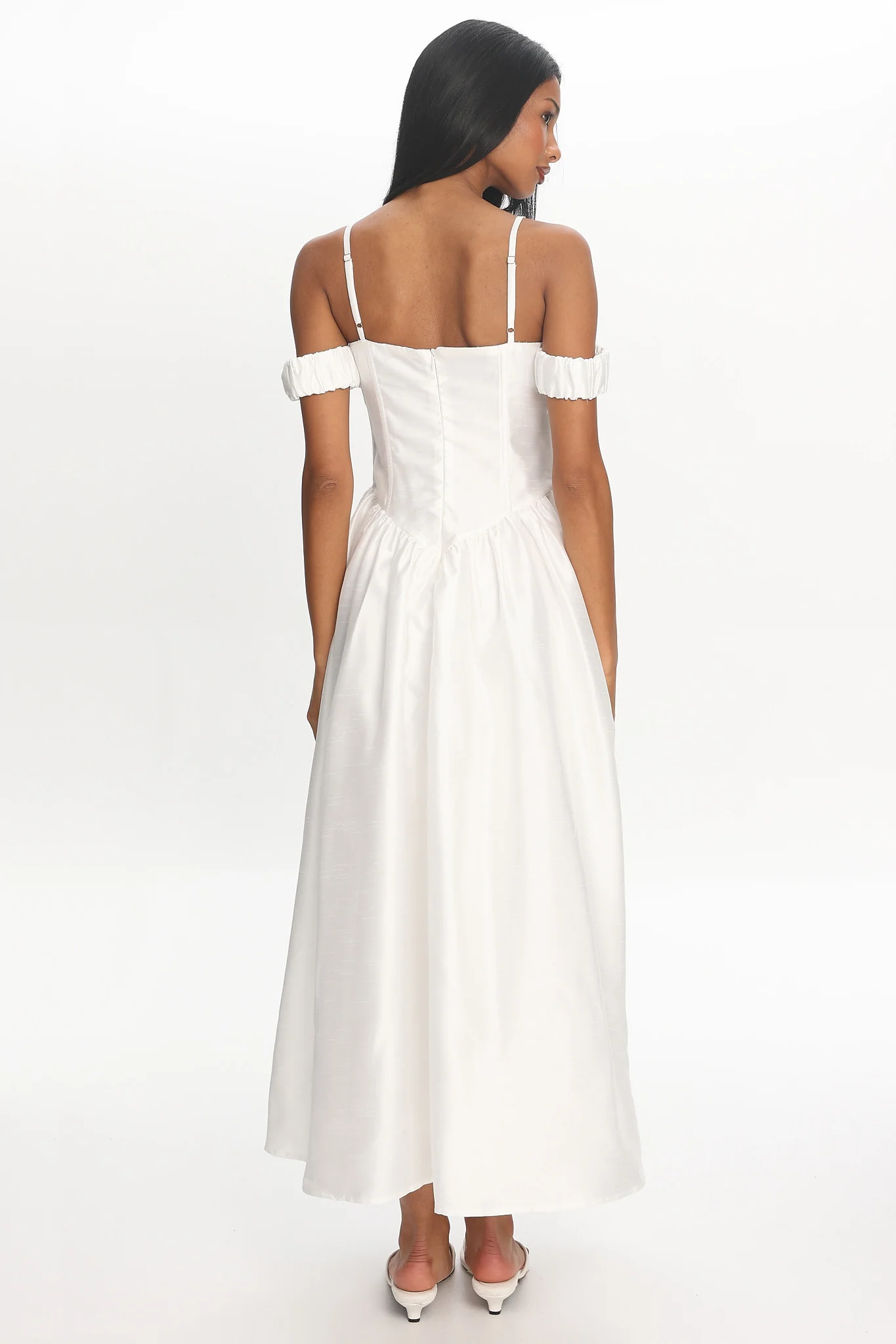 Heavens Above Off-Shoulder Basque Waist Midi Dress Ivory - Image 3