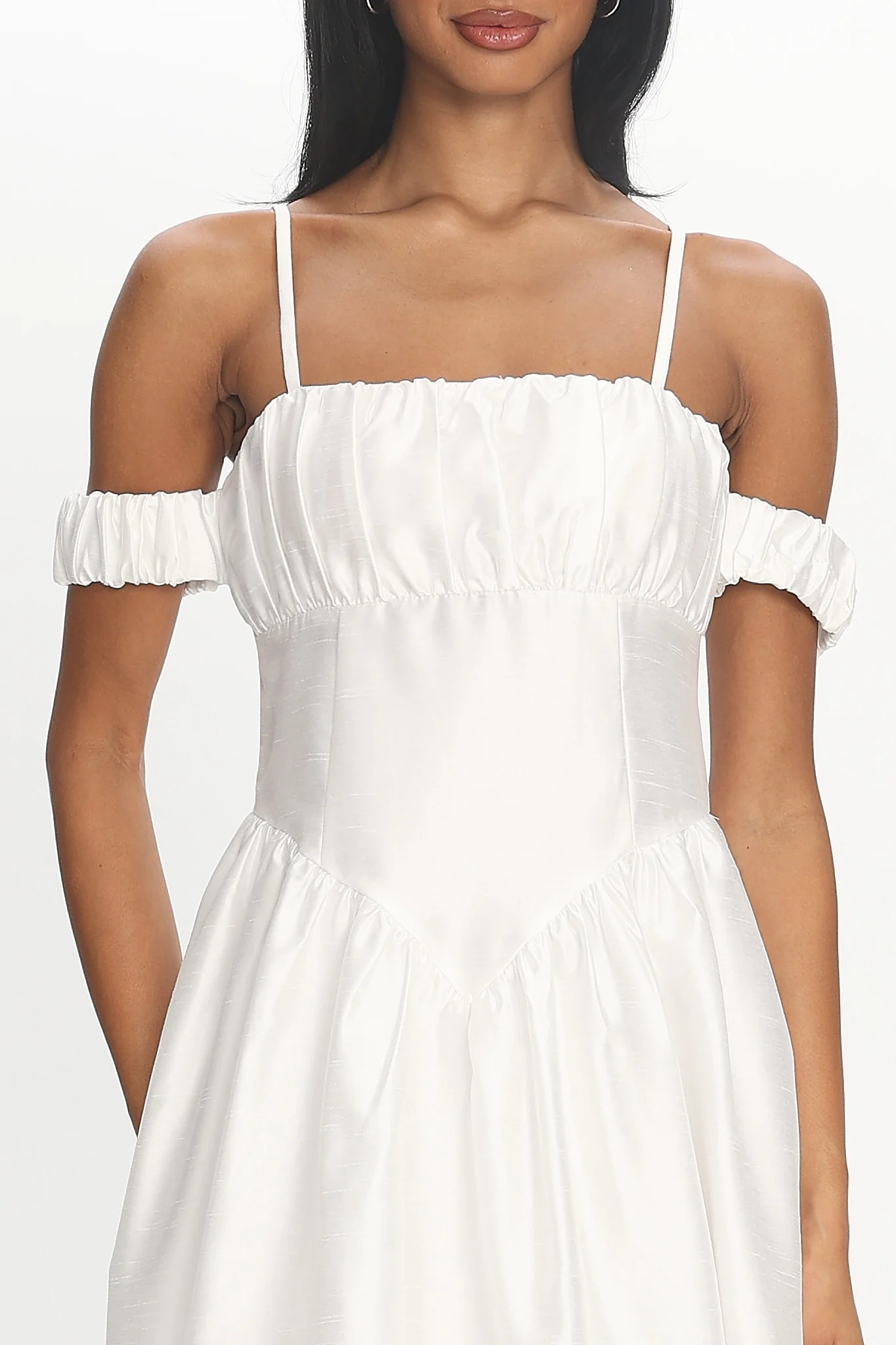 Heavens Above Off-Shoulder Basque Waist Midi Dress Ivory - Image 4