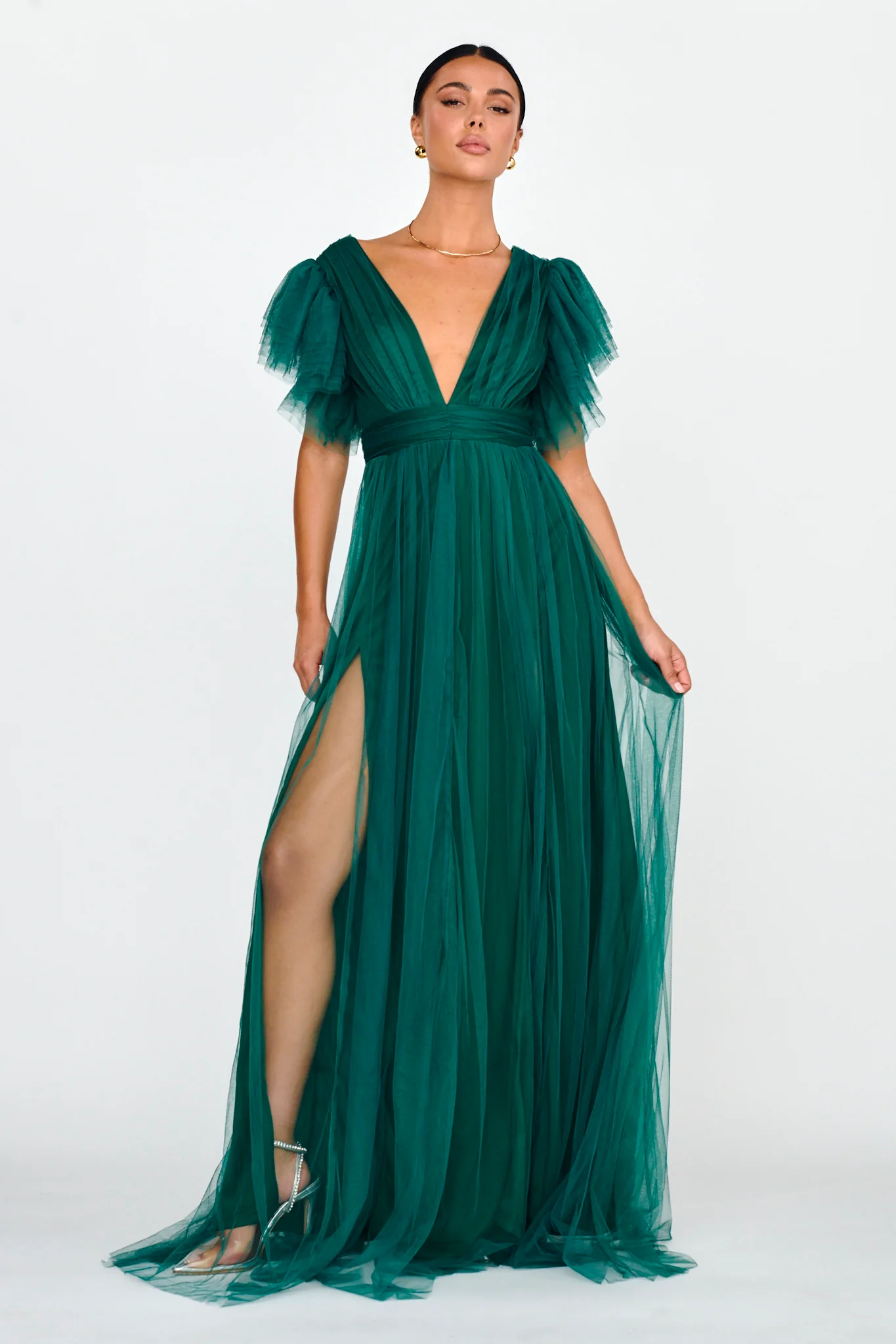 Heaven's Love Deep V-Neck Tulle Maxi Dress Hunter Green - Image 5