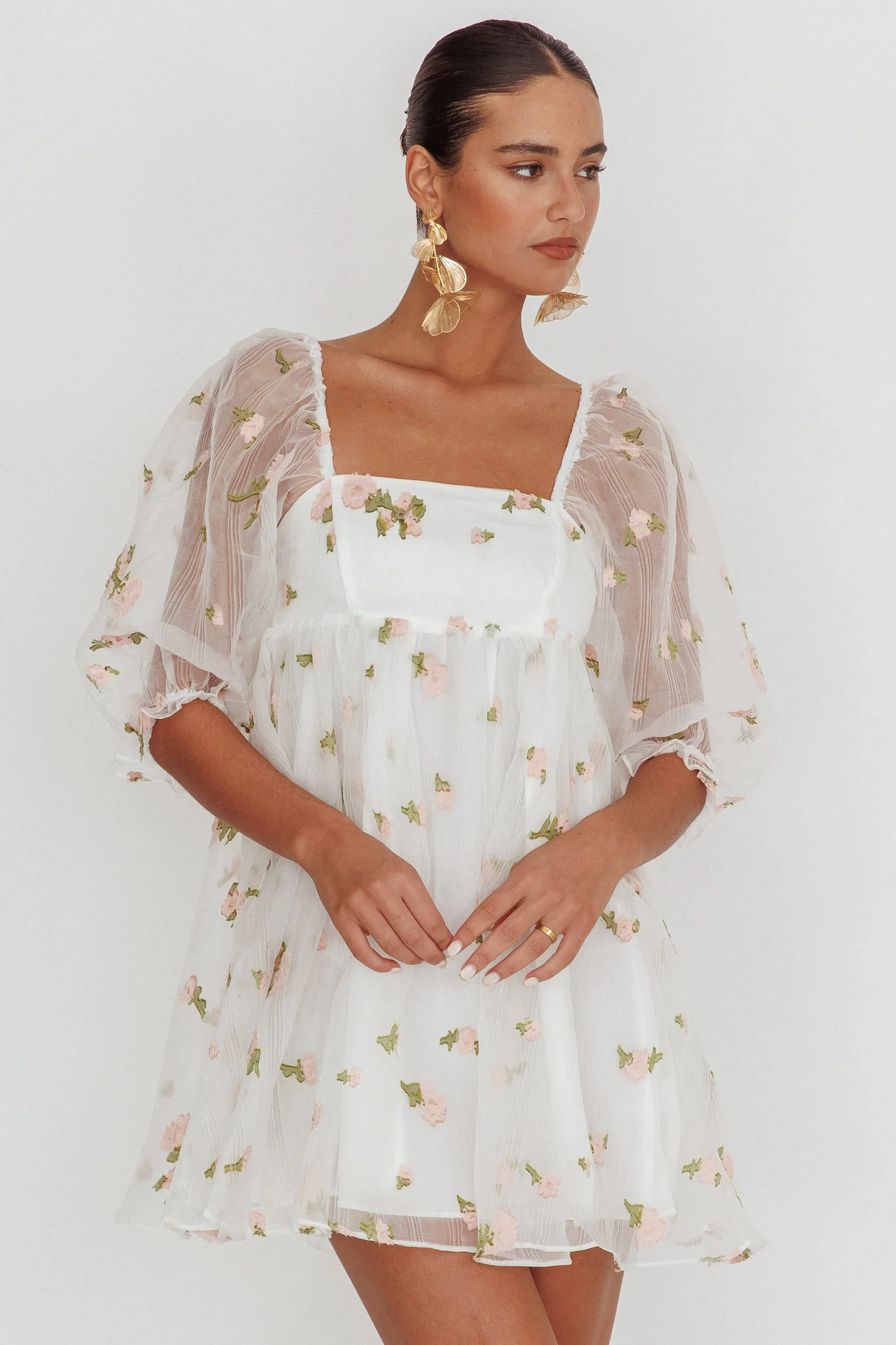 Helen Floral Organza Mini Dress White Pink - Image 6