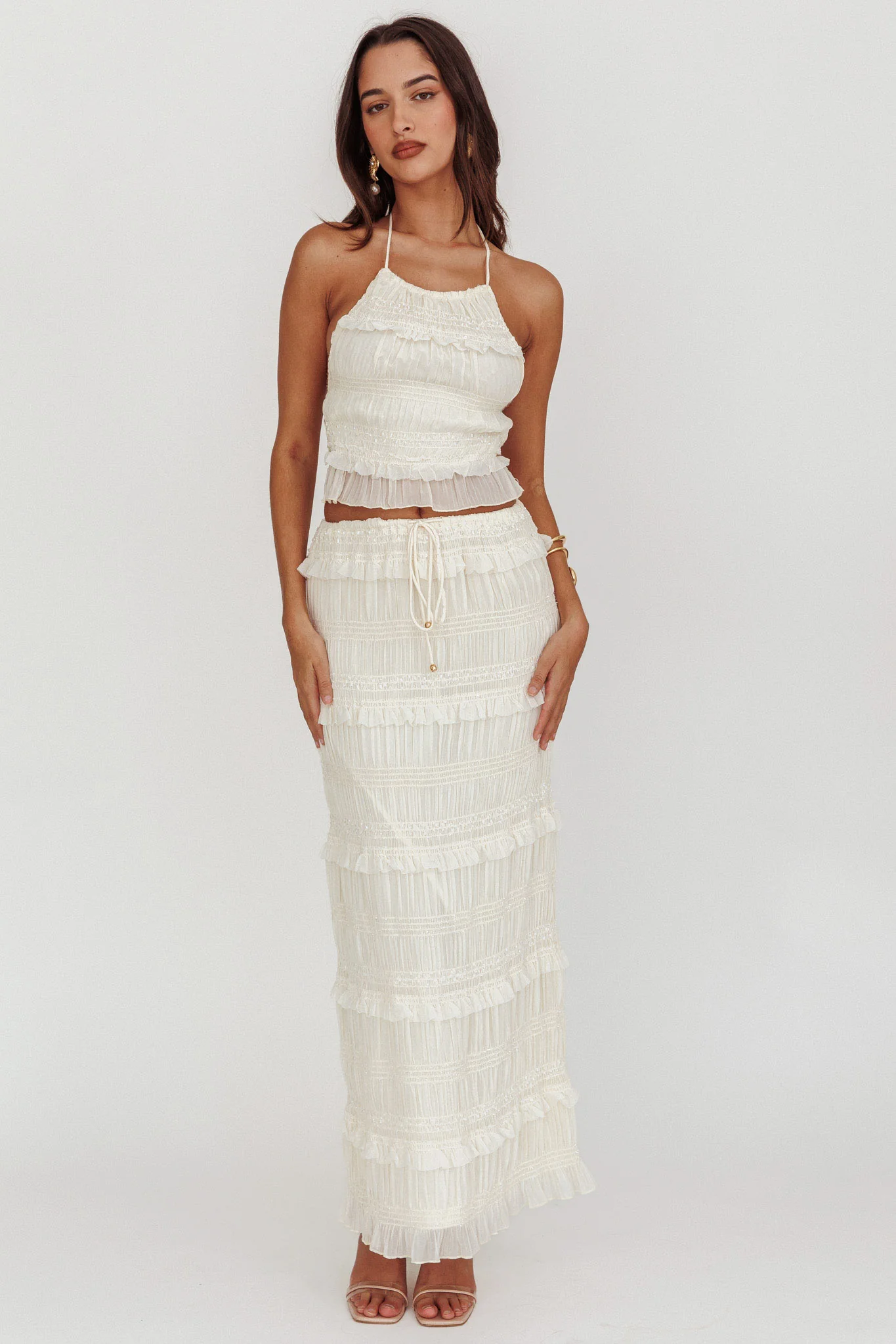 Helios Halterneck Shirred Sequin Top Beige - Image 3