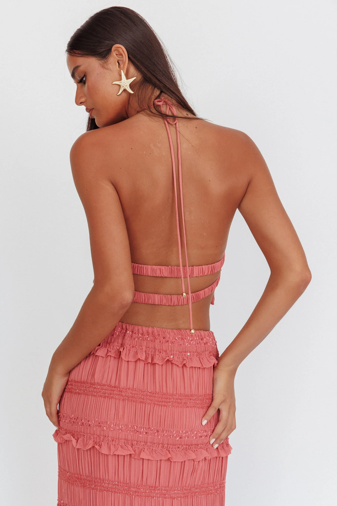 Helios Halterneck Shirred Sequin Top Rose - Image 2