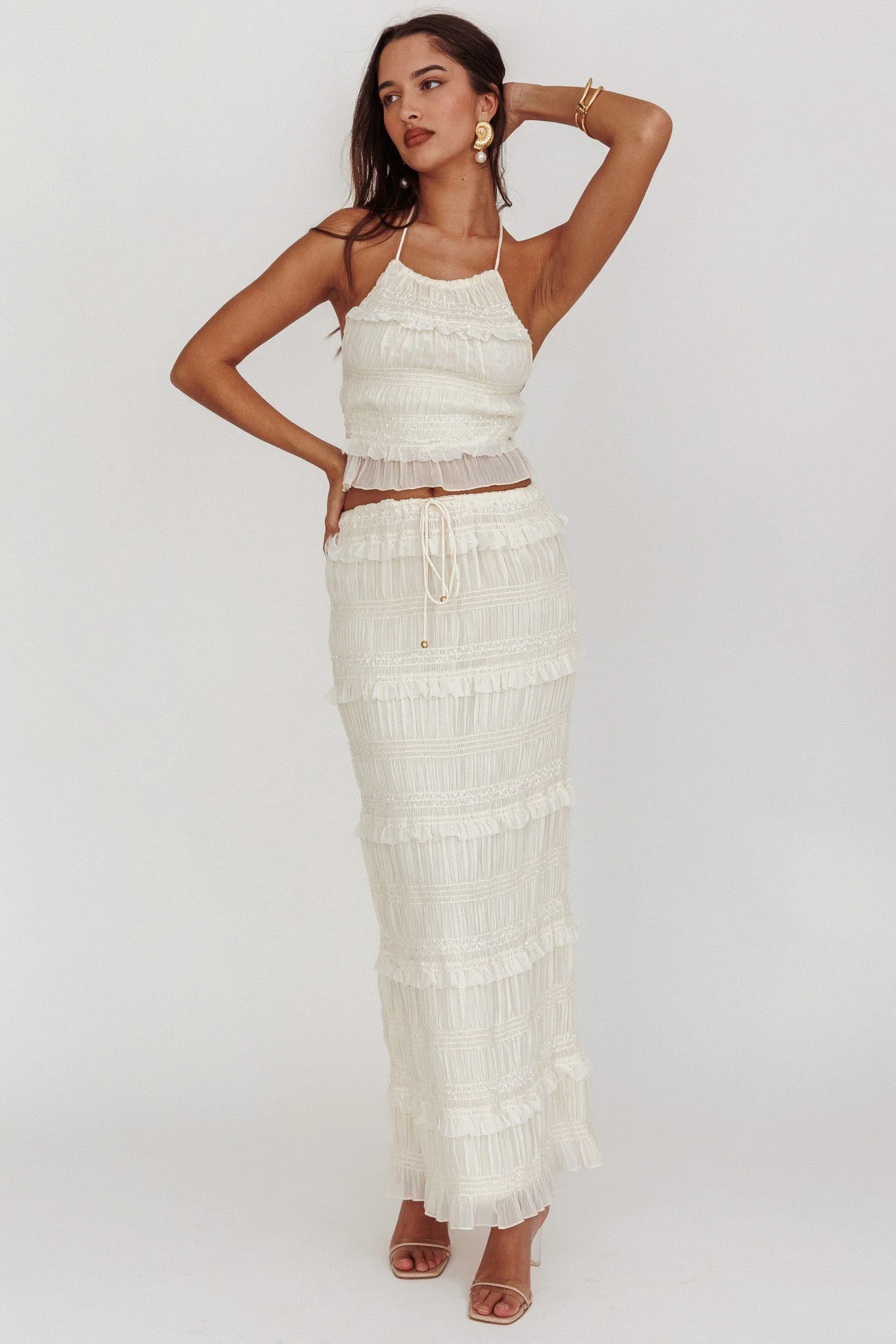 Helios Shirred Sequin Maxi Skirt Beige - Image 5