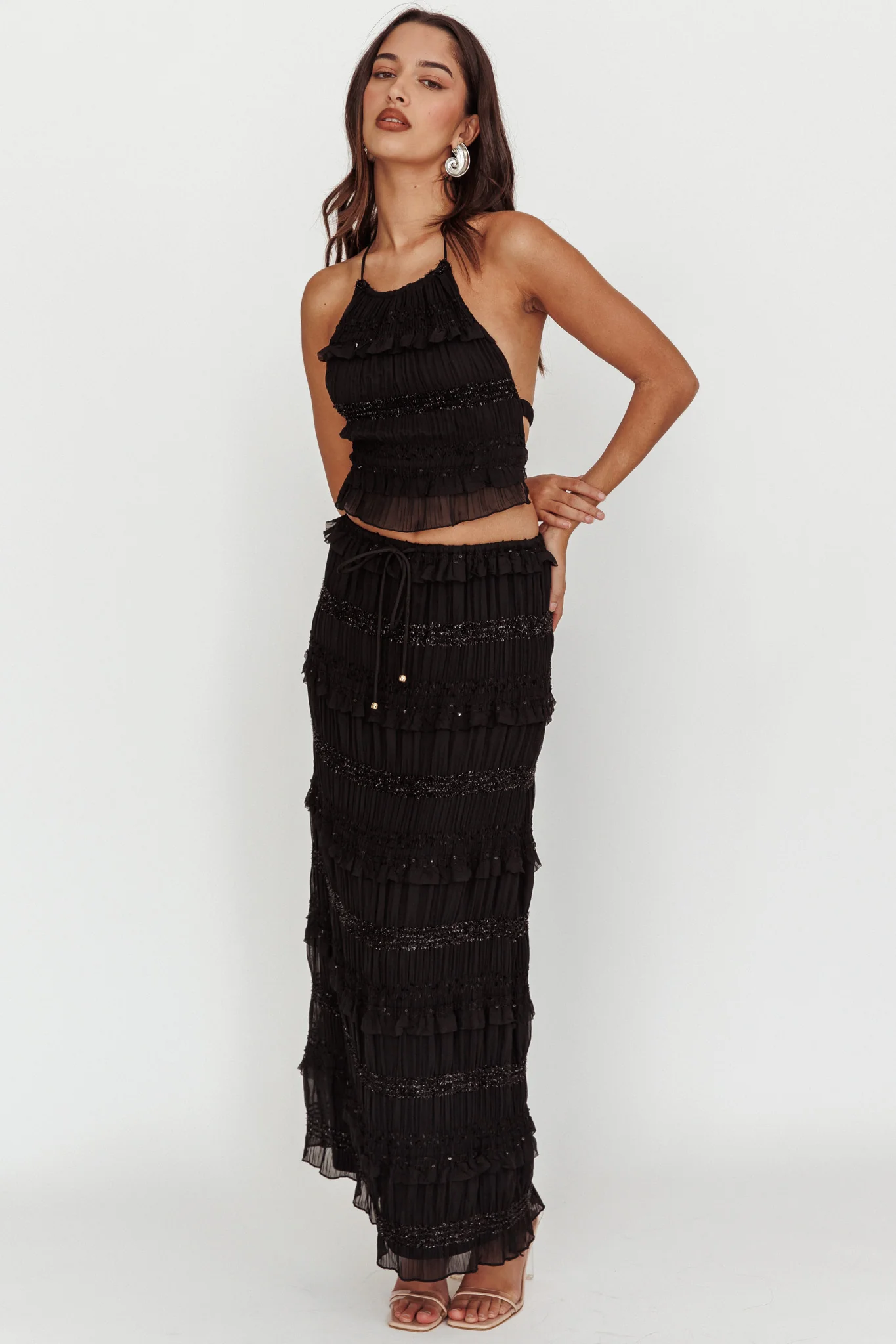 Helios Shirred Sequin Maxi Skirt Black - Image 2