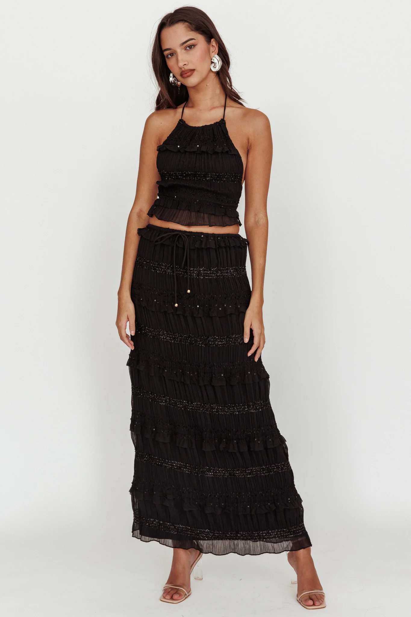 Helios Shirred Sequin Maxi Skirt Black - Image 5
