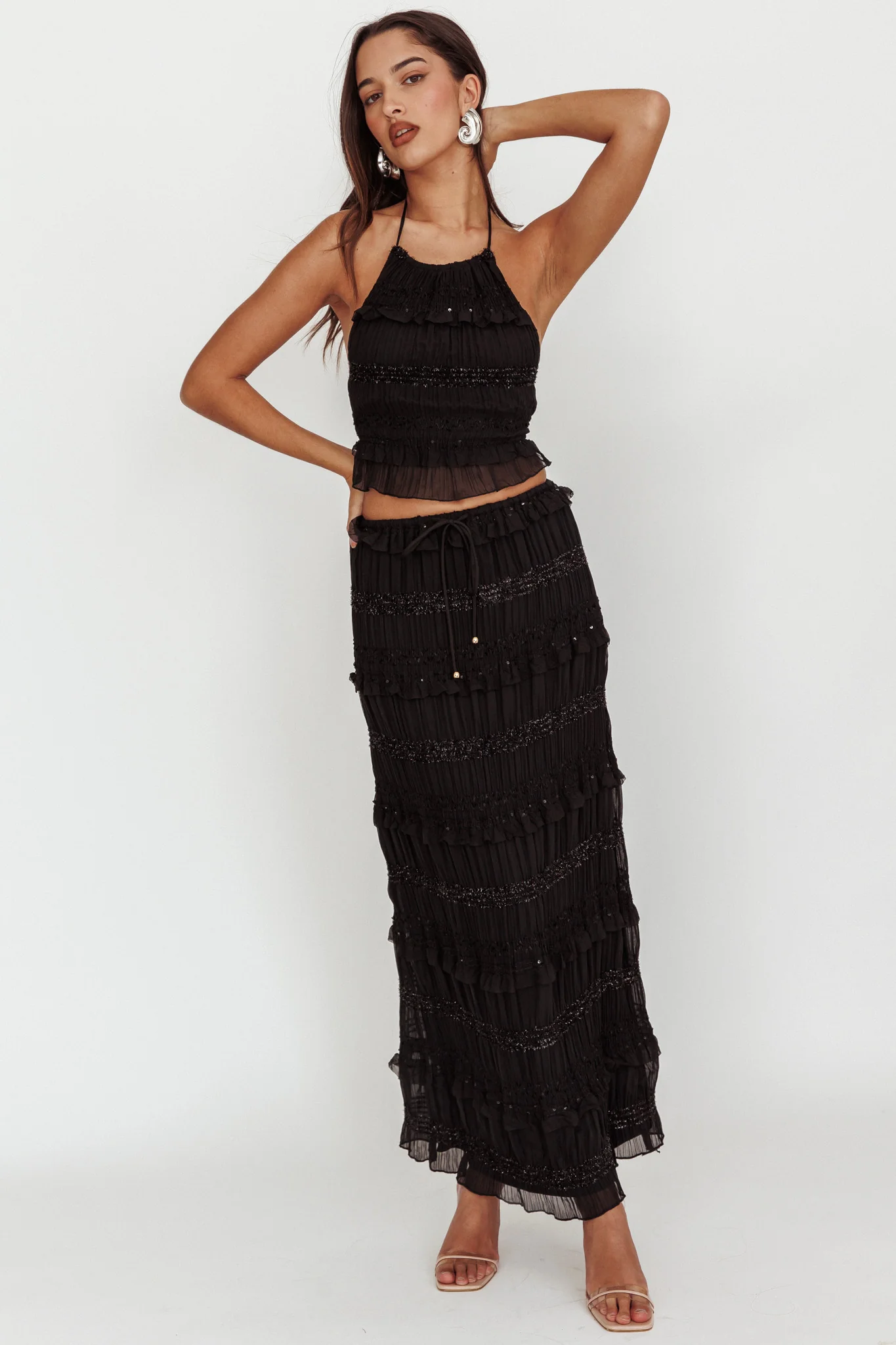 Helios Shirred Sequin Maxi Skirt Black - Image 6