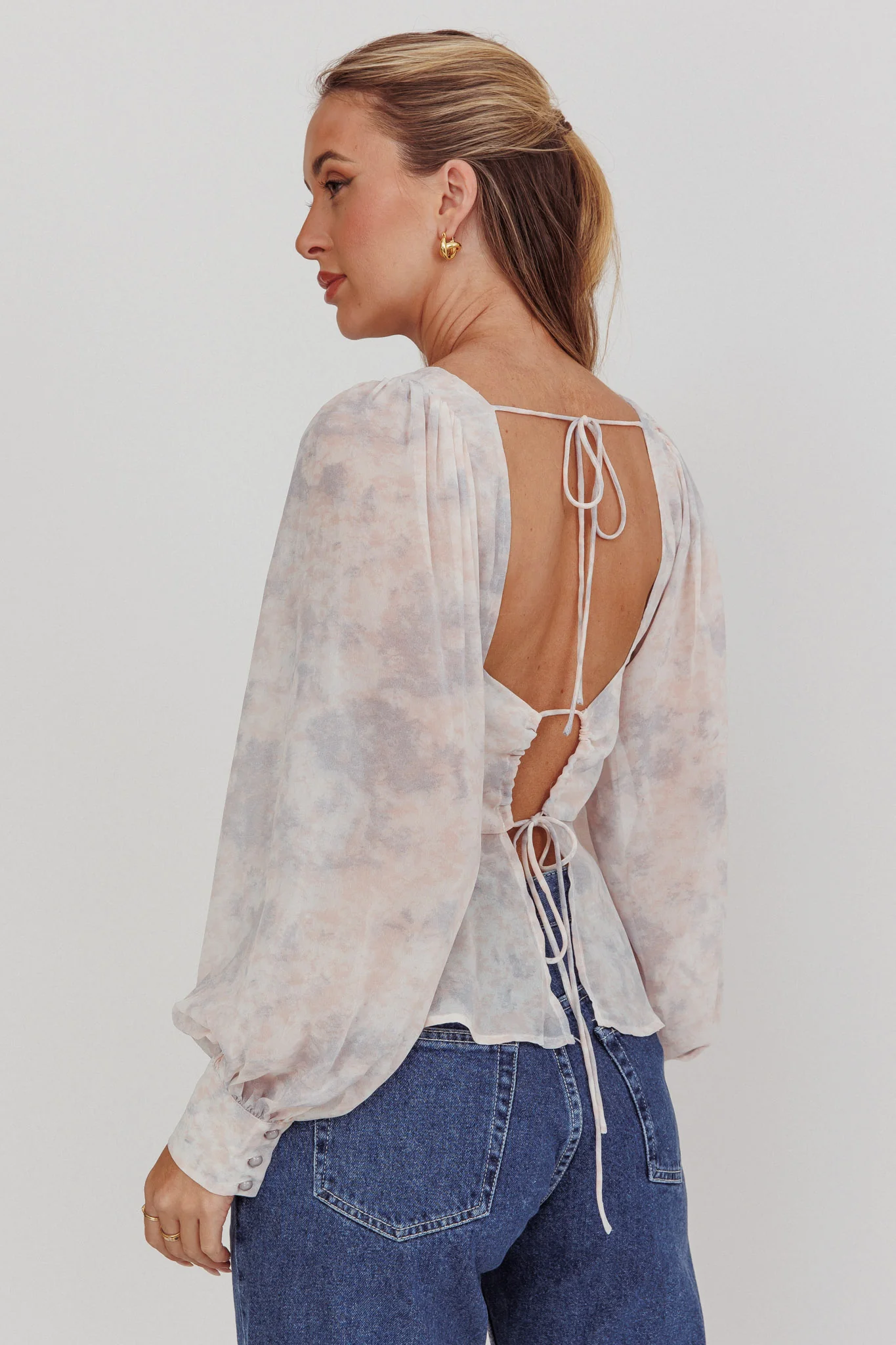 Helix Balloon Sleeves Peplum Top Dusty Blue/Peach - Image 2