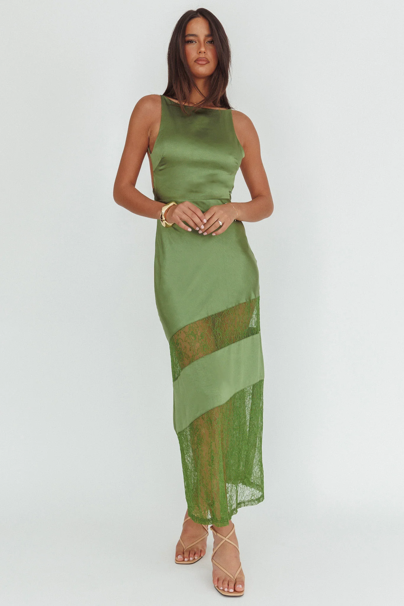 Helsi Low Back Lace Insert Maxi Dress Forest Green - Image 4
