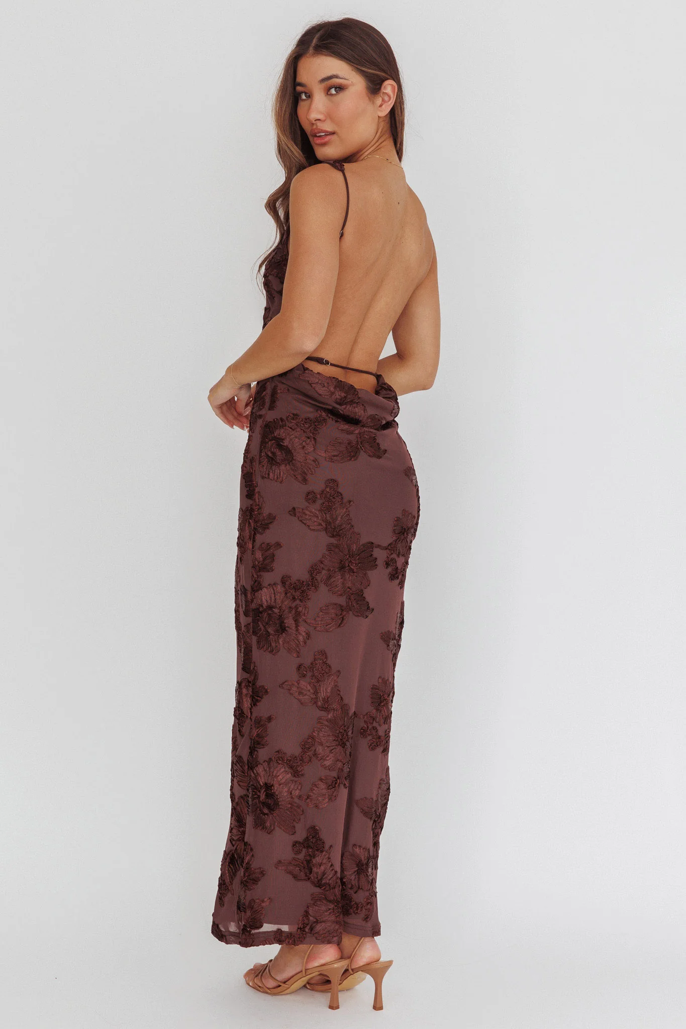 Helsi Low Back Maxi Dress Floral Chocolate - Image 3