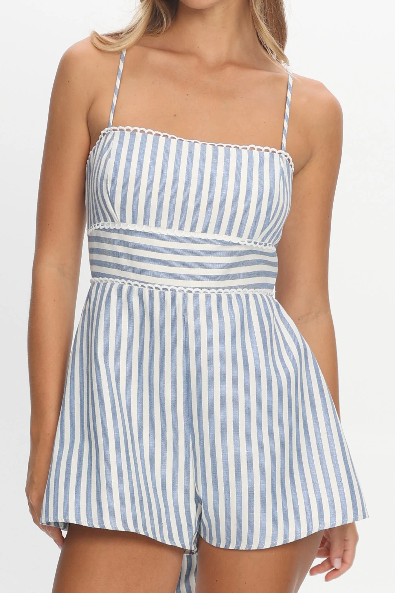 Helsinki Lace Trimmed Romper Stripe Blue - Image 4