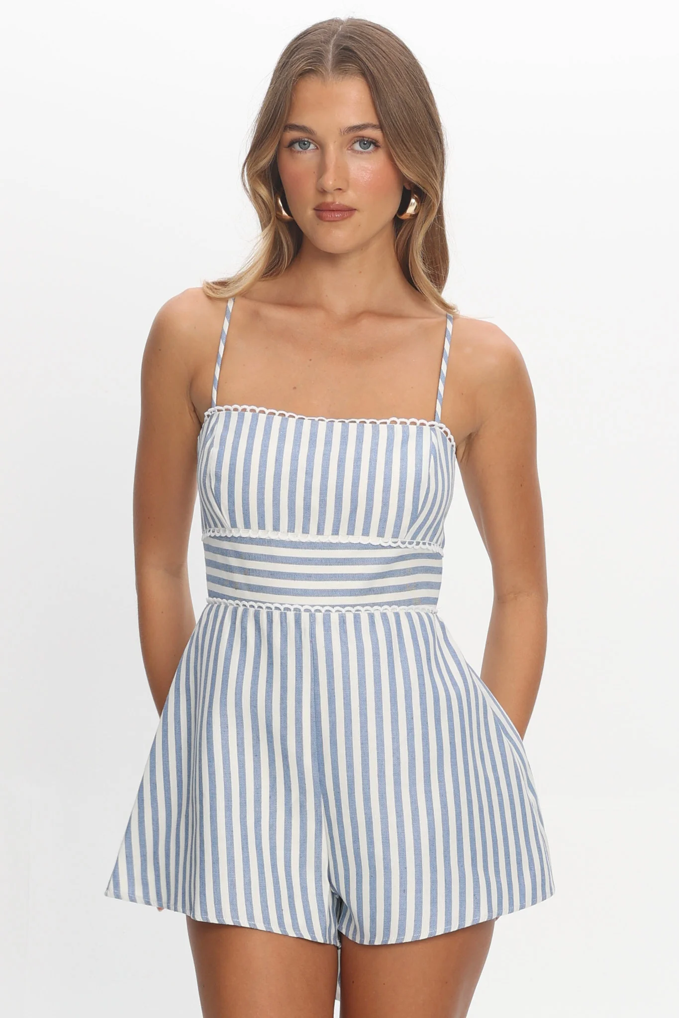 Helsinki Lace Trimmed Romper Stripe Blue - Image 5
