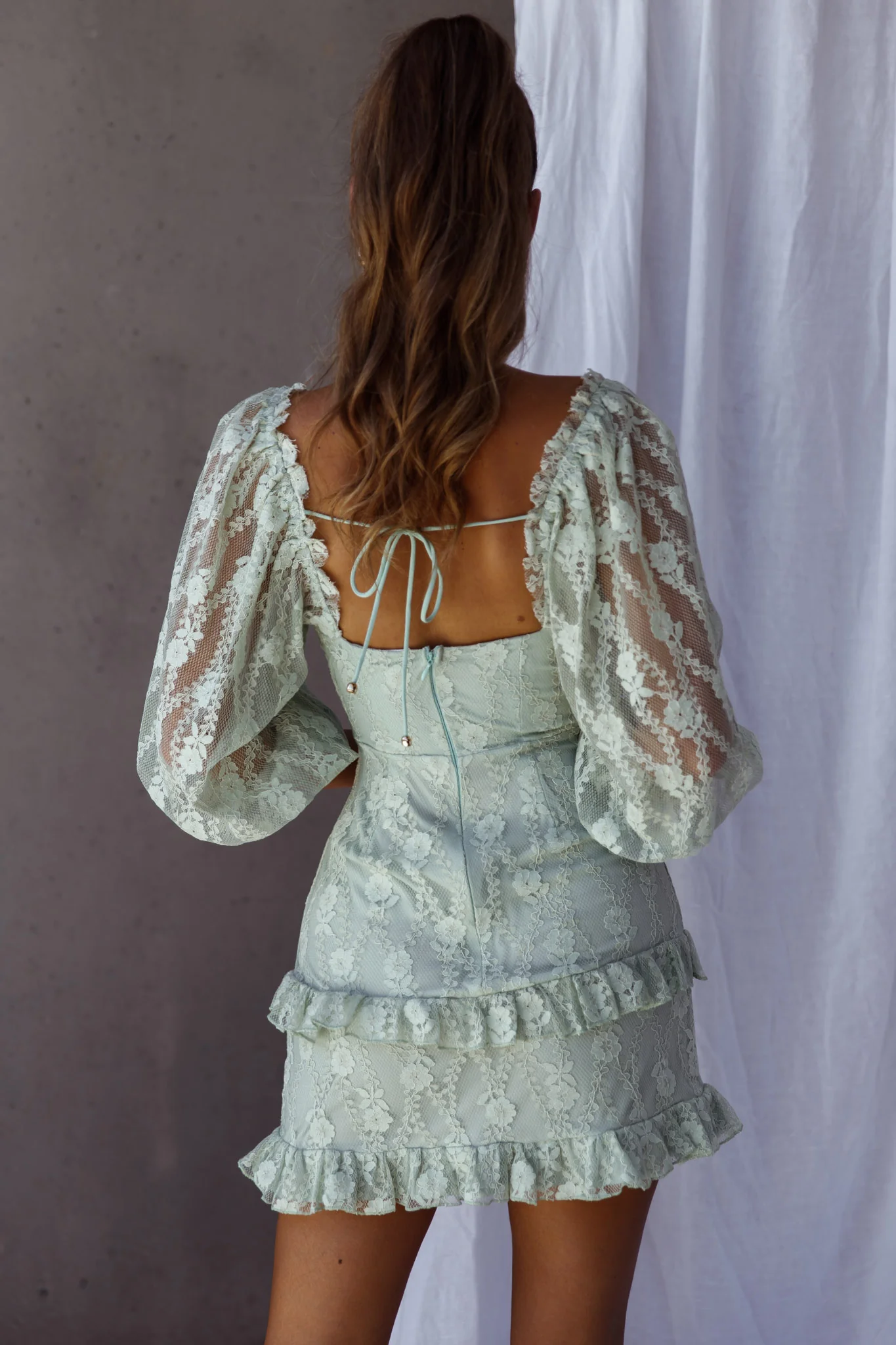 Hemingway Criss-Cross Bust Balloon Sleeve Frill Trim Lace Dress Sage - Image 2