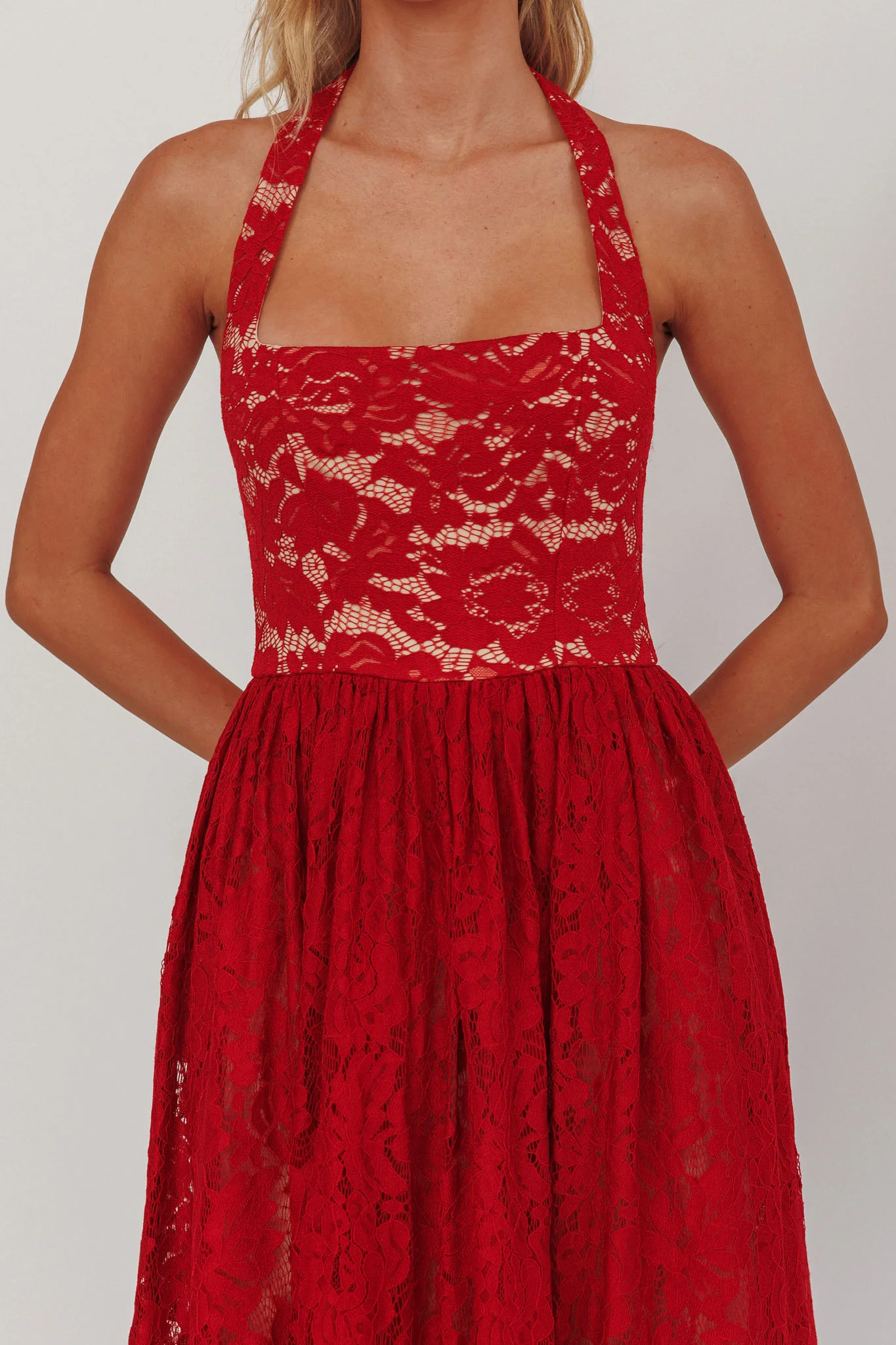 Hendrix Halterneck A-Line Lace Maxi Dress Cherry - Image 3