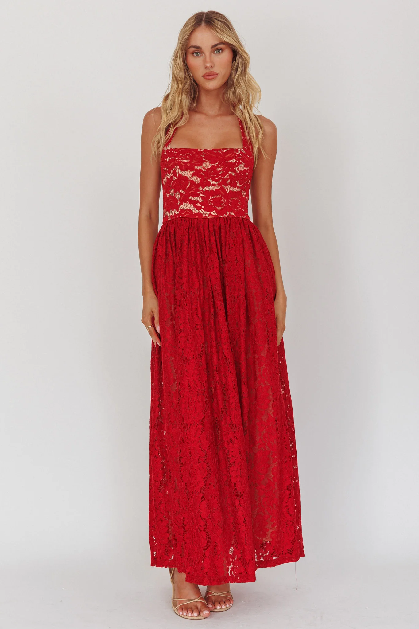 Hendrix Halterneck A-Line Lace Maxi Dress Cherry - Image 4