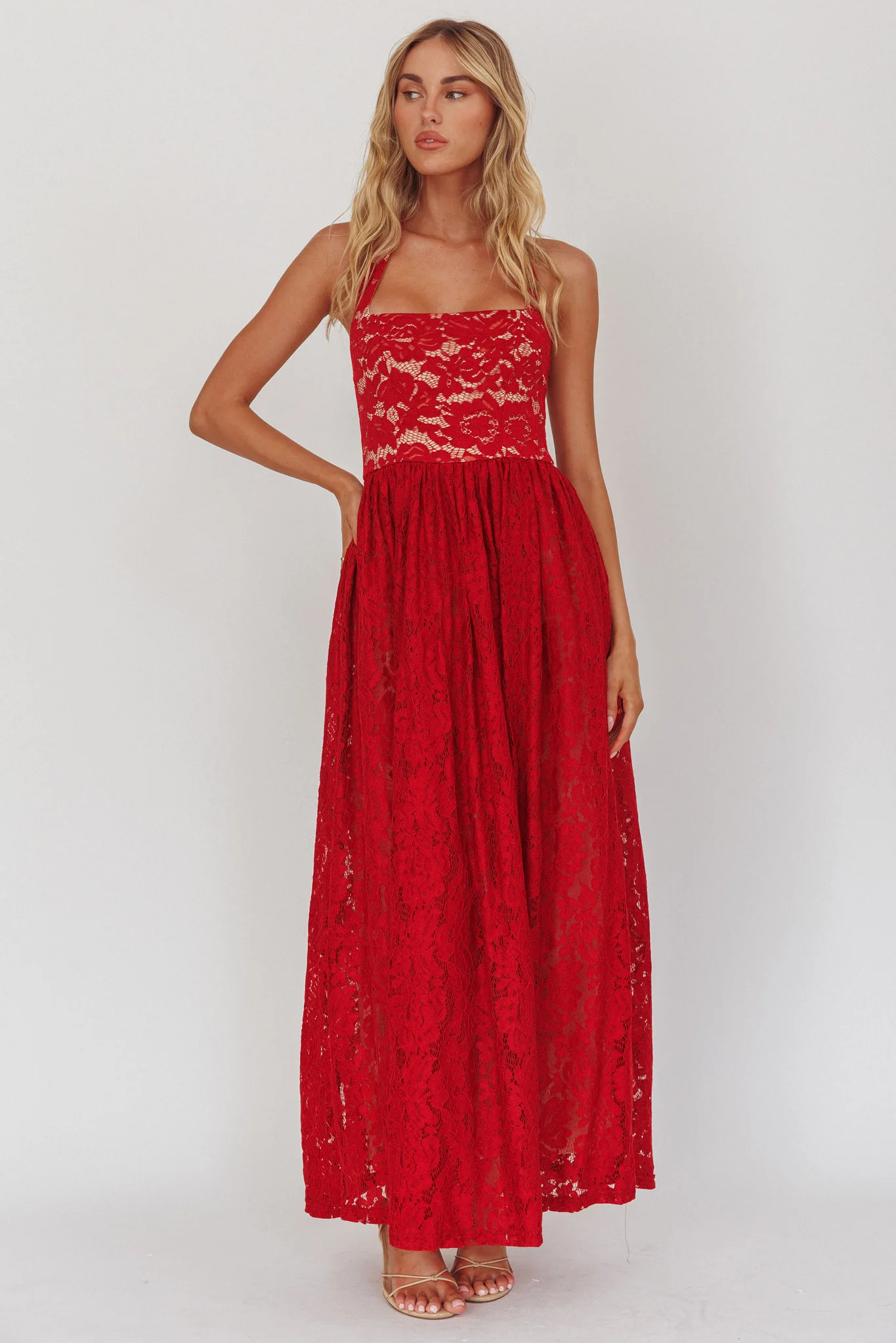 Hendrix Halterneck A-Line Lace Maxi Dress Cherry - Image 5