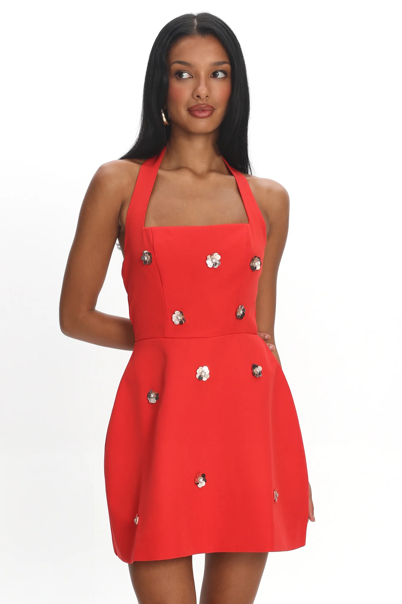 Hendrix Halterneck A-Line Mini Dress Sequin Flower Red