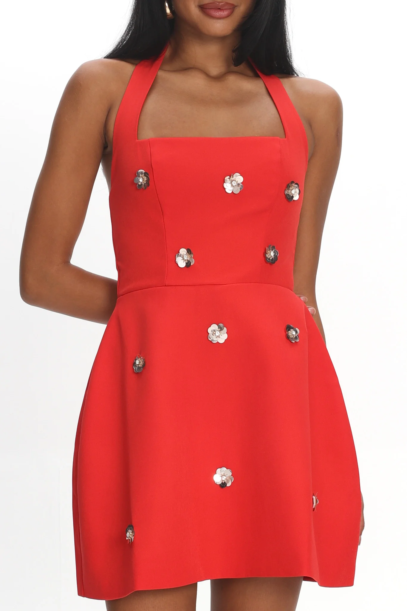 Hendrix Halterneck A-Line Mini Dress Sequin Flower Red - Image 4