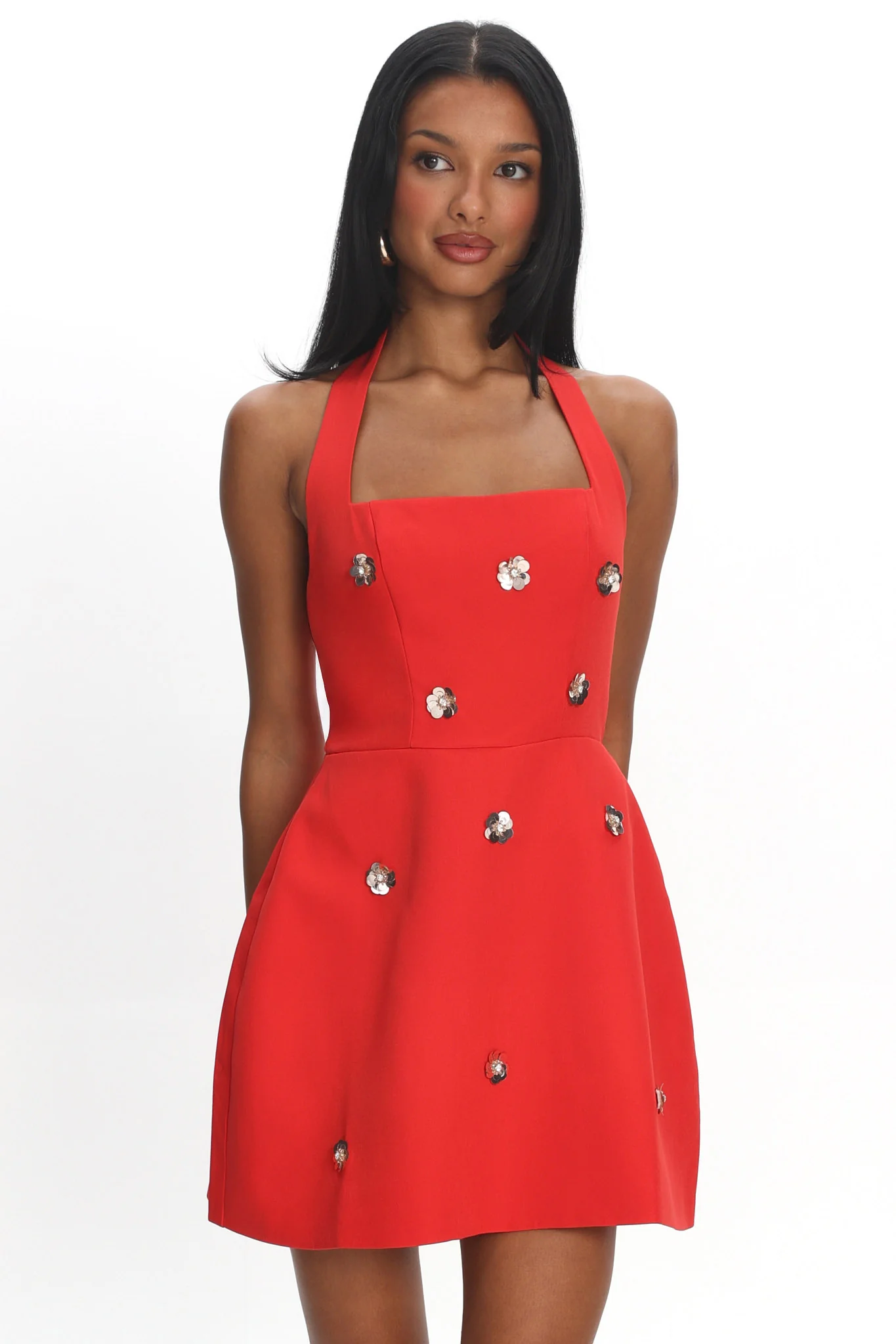 Hendrix Halterneck A-Line Mini Dress Sequin Flower Red - Image 5
