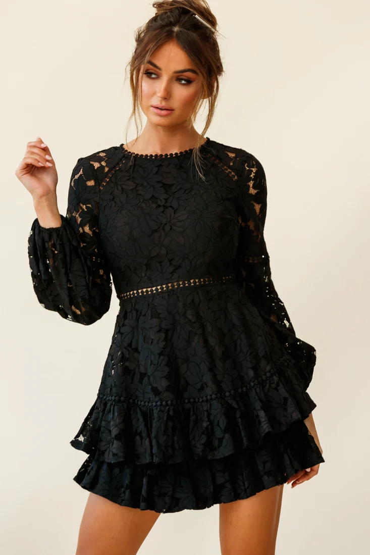 Henrietta Lace Overlay Long Sleeve Ruffle Dress Black - Image 4