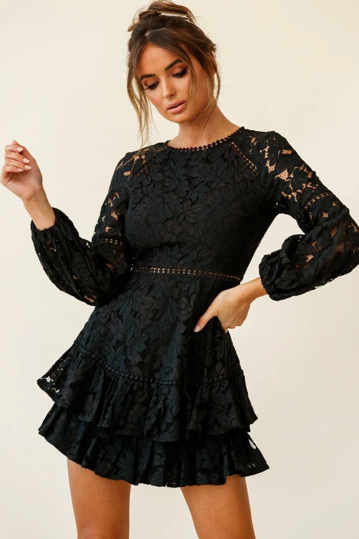 Henrietta Lace Overlay Long Sleeve Ruffle Dress Black - Image 6