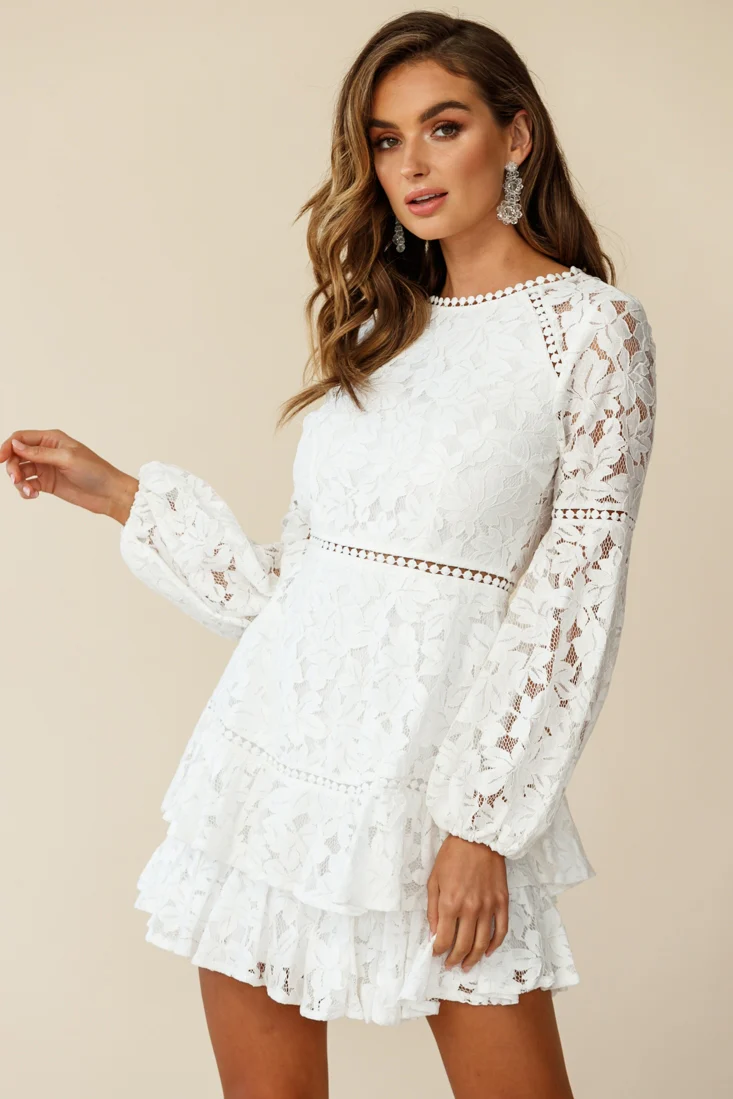 Henrietta Lace Overlay Long Sleeve Ruffle Dress White - Image 6