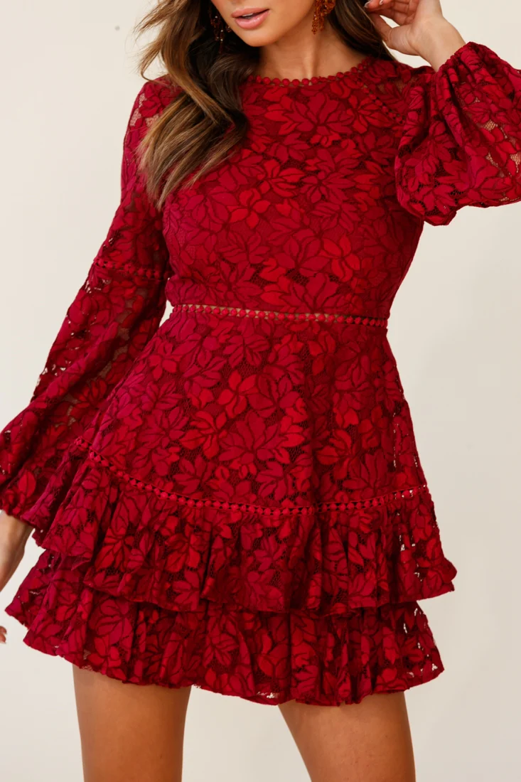 Henrietta Lace Overlay Long Sleeve Ruffle Dress Wine - Image 5