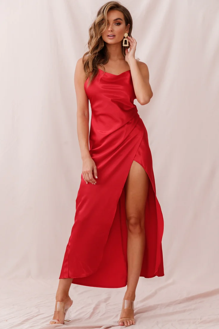 Hey Girl Long Satin Cowl Neck Dress Red - Image 2