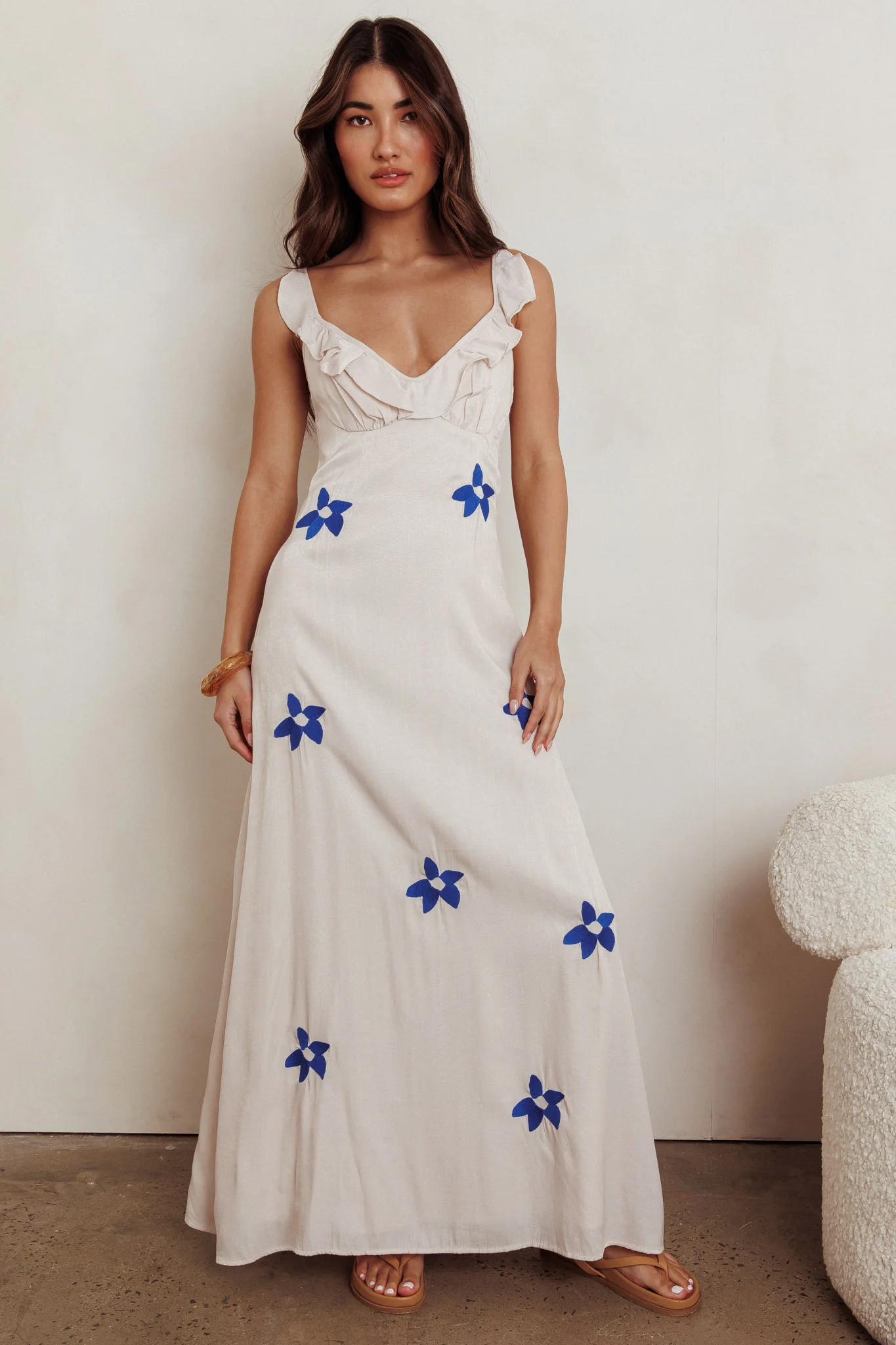 Hibiscus Ruffle A-line Maxi Dress Bone - Image 4
