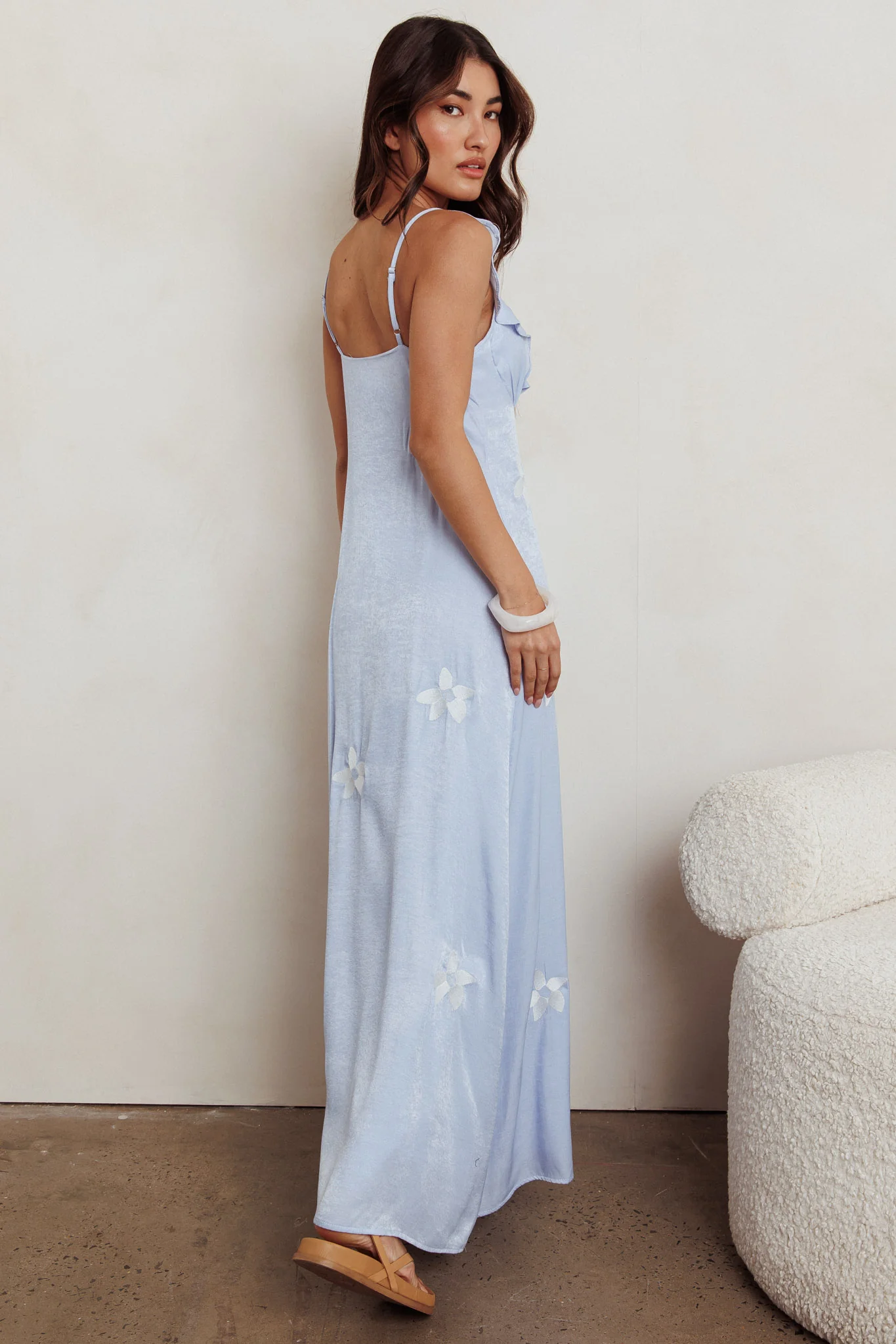 Hibiscus Ruffle A-line Maxi Dress Blue - Image 3