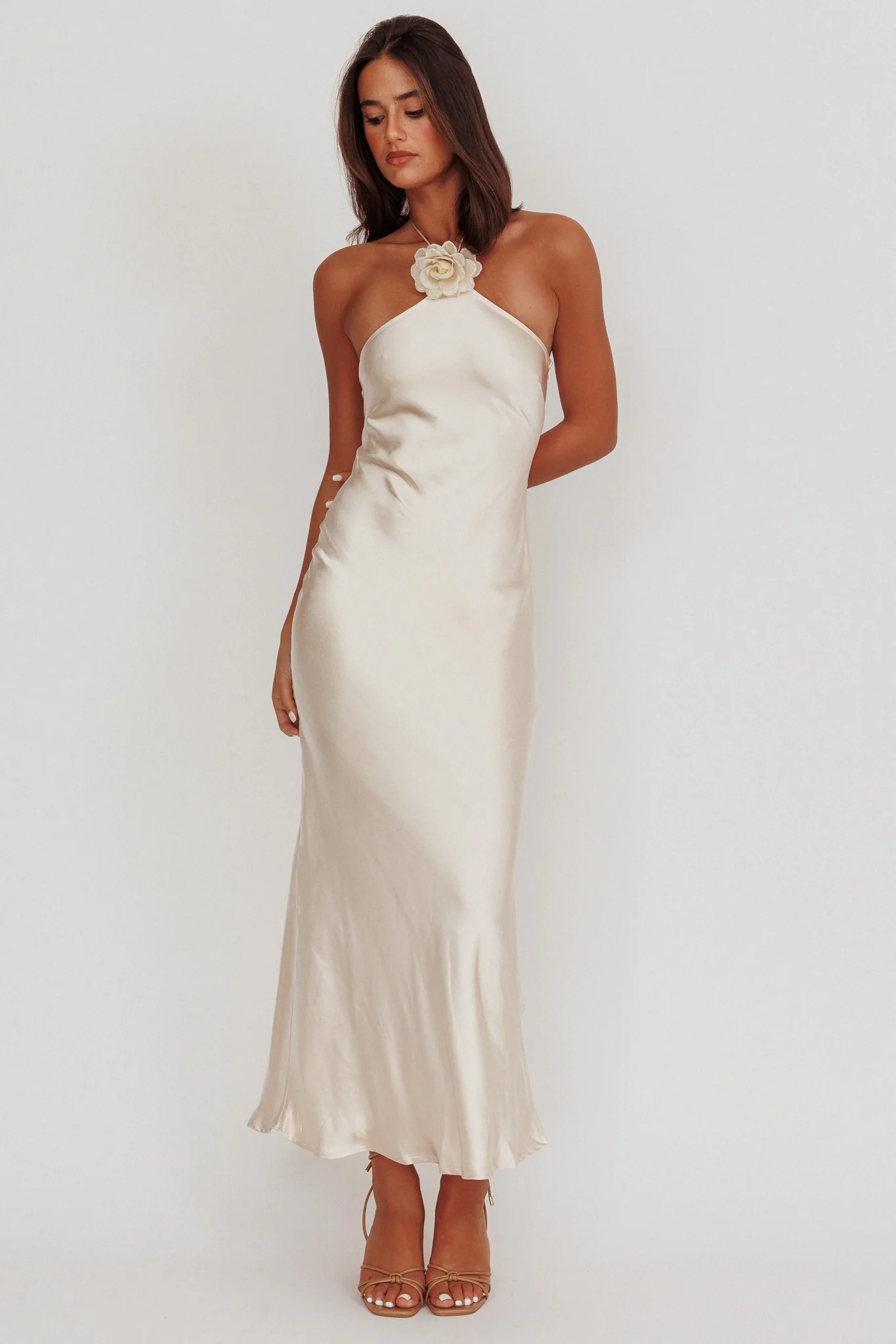 High Roller Flower Decoration Halter Dress Champagne - Image 6