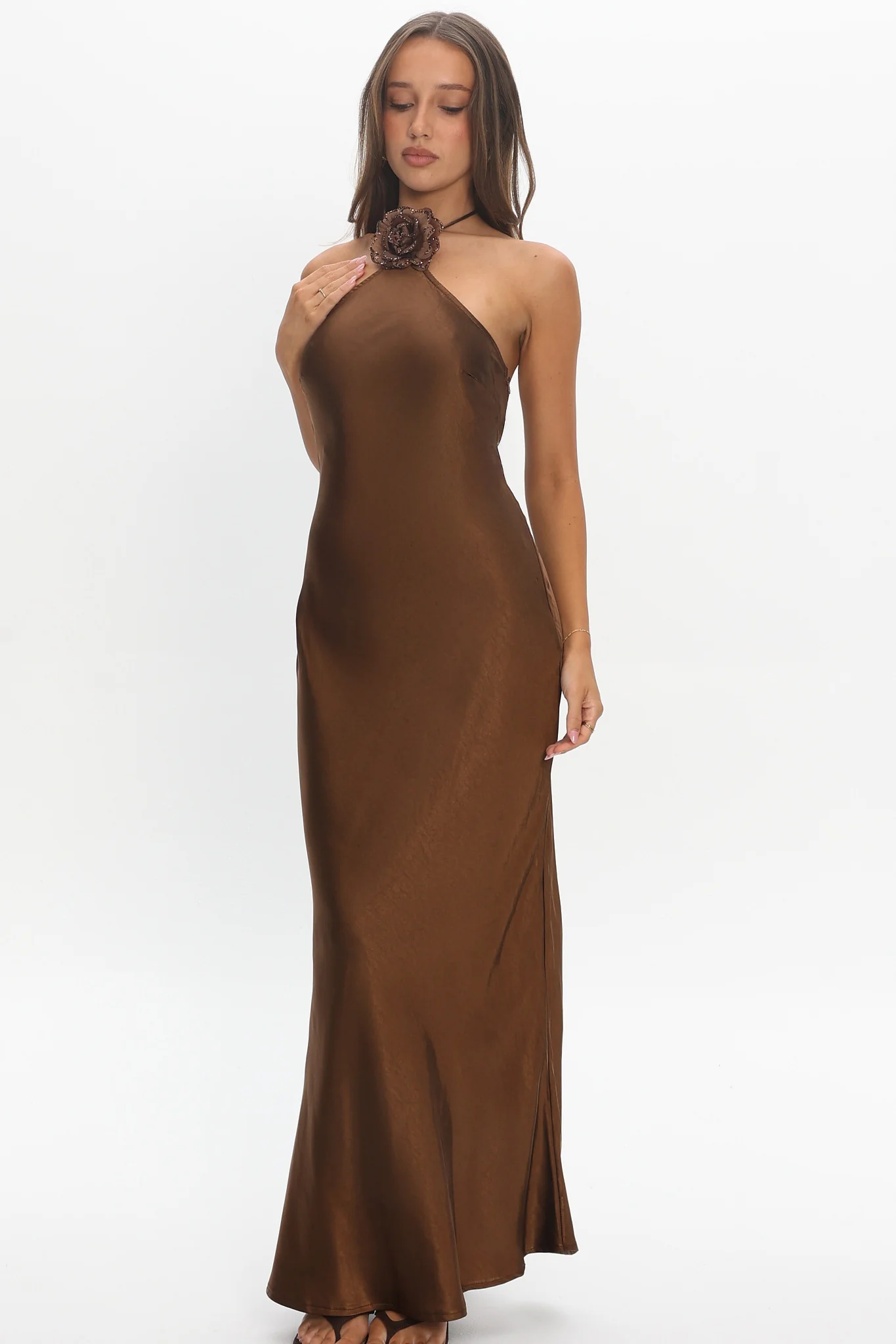 High Roller Flower Decoration Halter Dress Chocolate - Image 5
