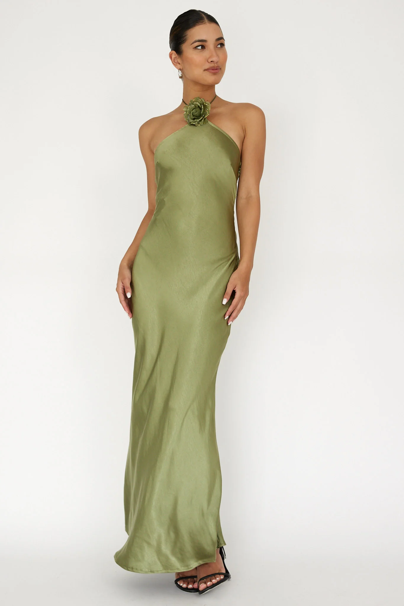 High Roller Flower Decoration Halter Dress Olive - Image 3