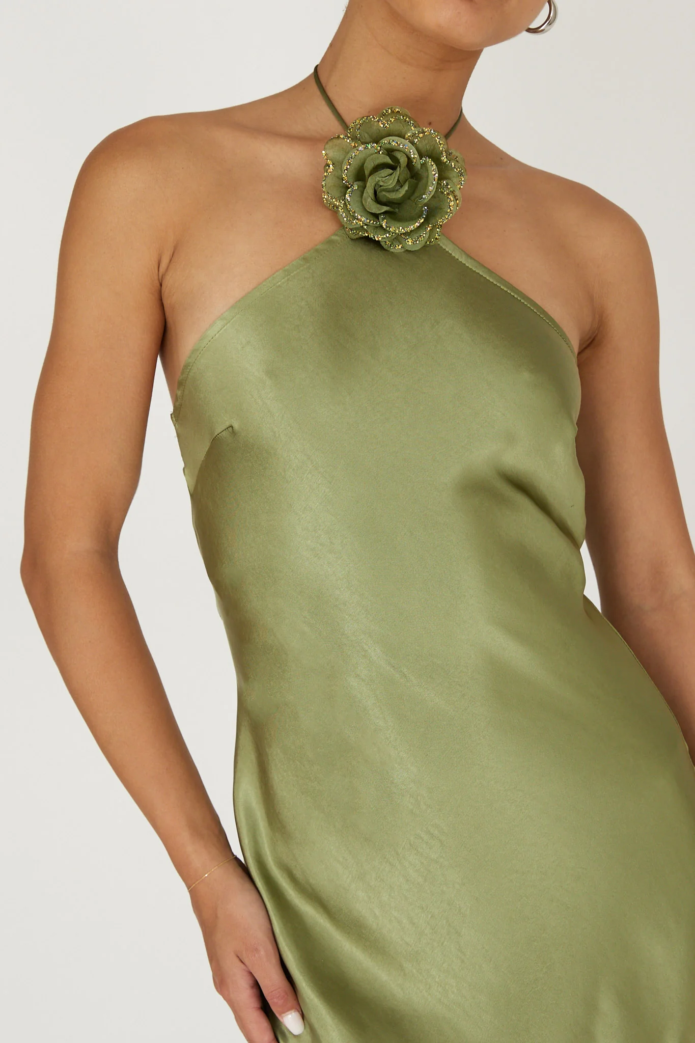 High Roller Flower Decoration Halter Dress Olive - Image 4