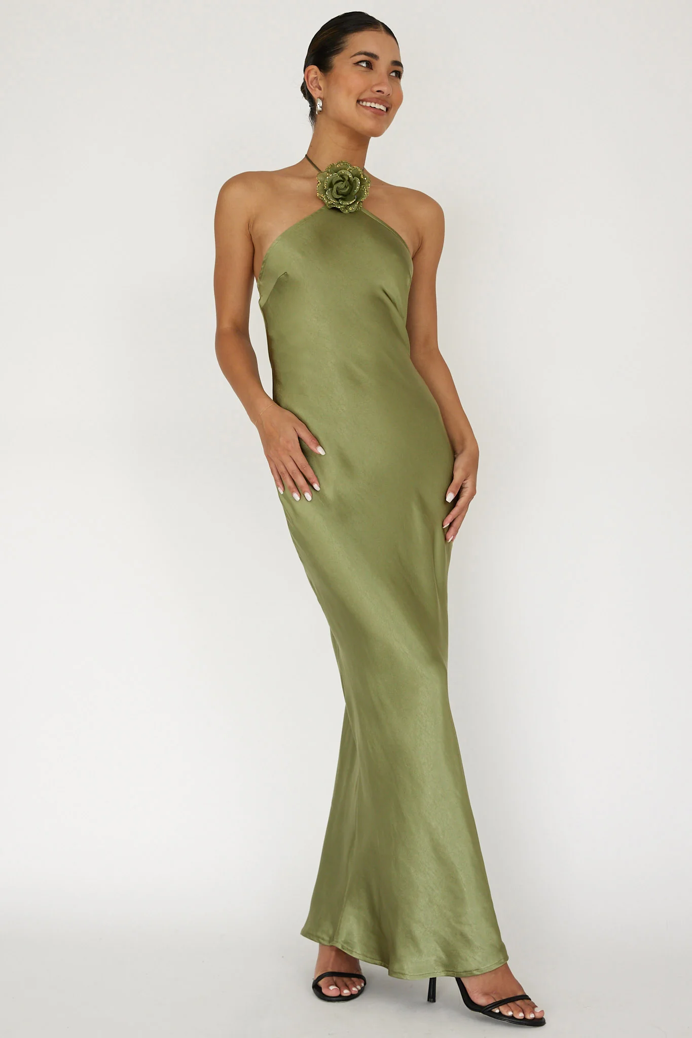 High Roller Flower Decoration Halter Dress Olive - Image 5