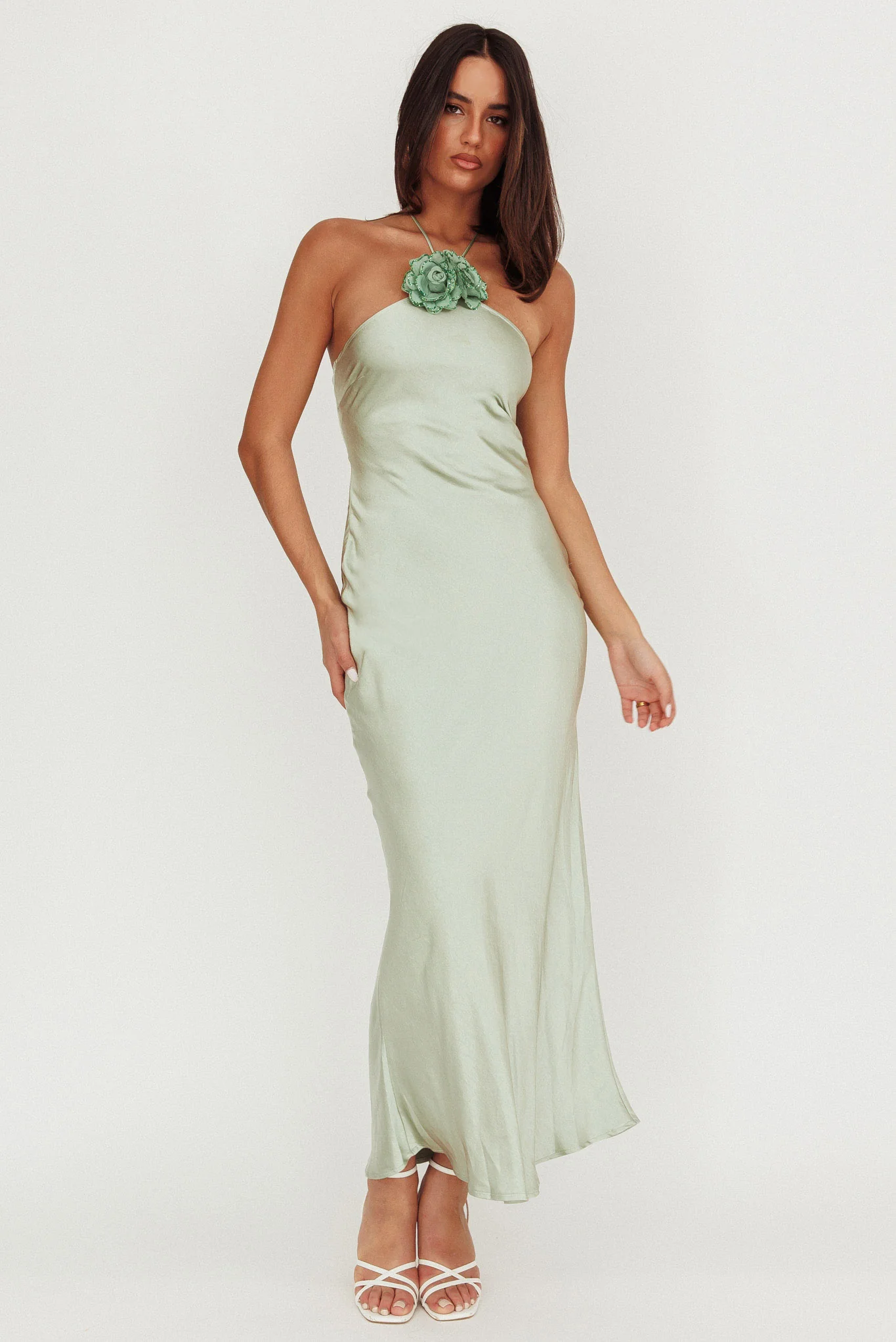 High Roller Flower Decoration Halter Dress Sage - Image 4