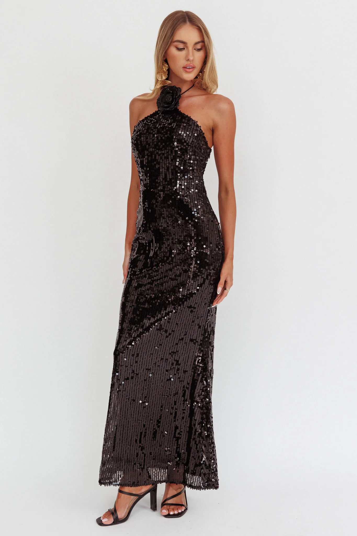 High Roller Flower Decoration Halter Dress Sequin Black - Image 5