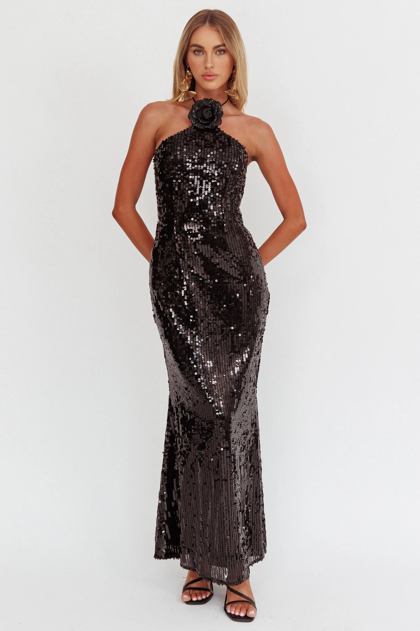 High Roller Flower Decoration Halter Dress Sequin Black - Image 6