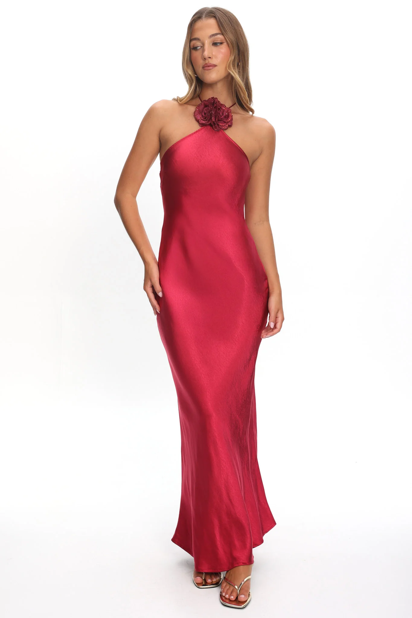 High Roller Flower Decoration Halter Dress Wine - Image 2