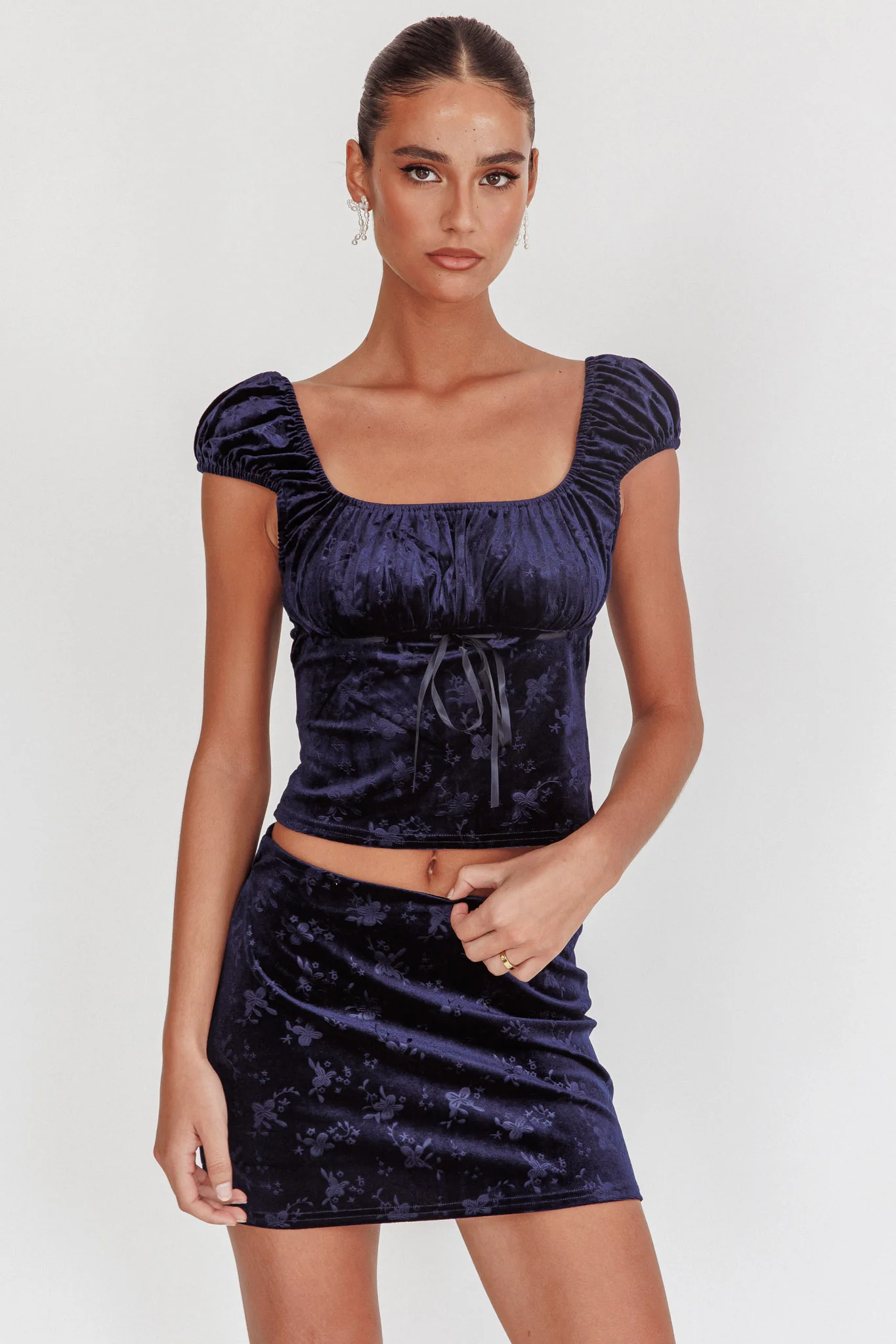 High Rollers Floral Velvet Mini Skirt Navy - Image 2